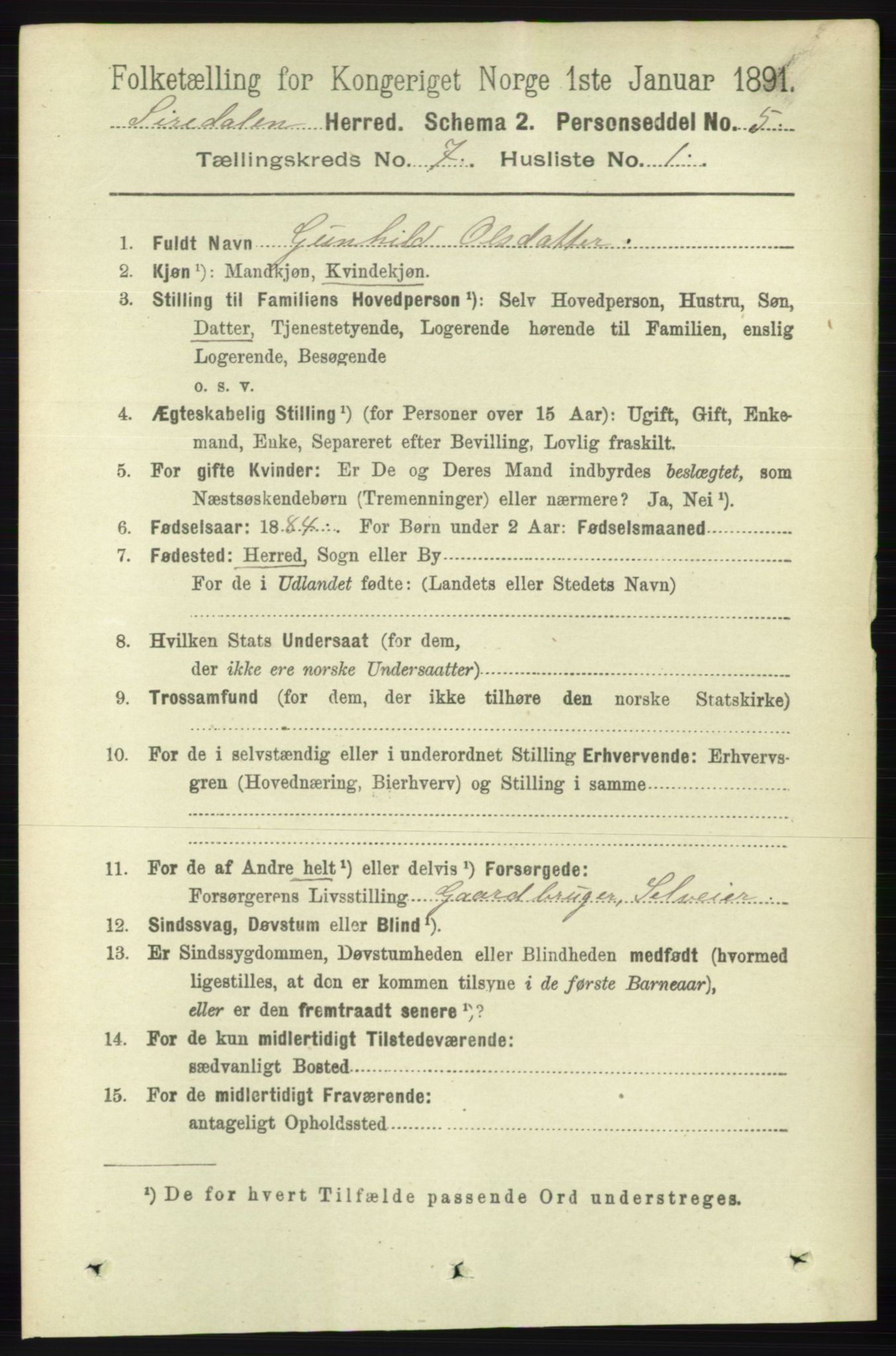 RA, 1891 census for 1046 Sirdal, 1891, p. 1957