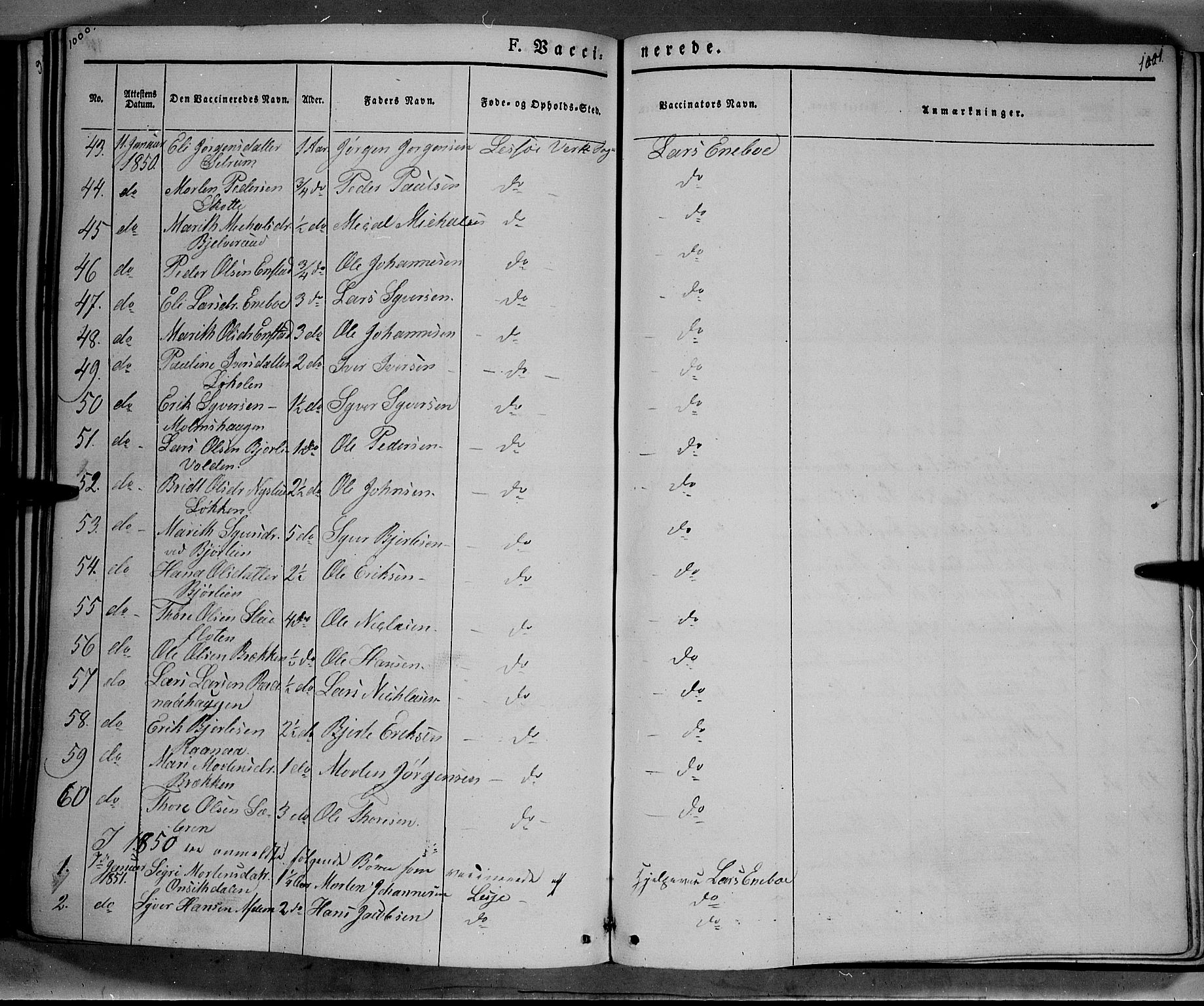 Lesja prestekontor, SAH/PREST-068/H/Ha/Haa/L0006: Parish register (official) no. 6B, 1843-1854, p. 1000-1001