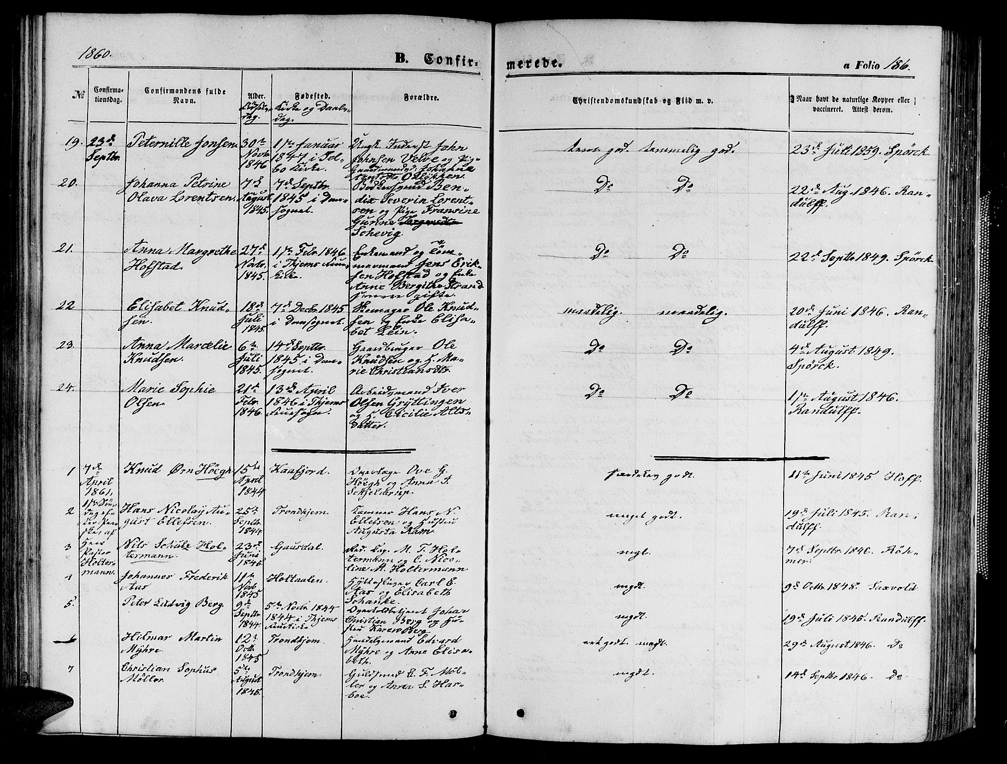 Ministerialprotokoller, klokkerbøker og fødselsregistre - Sør-Trøndelag, SAT/A-1456/602/L0139: Parish register (copy) no. 602C07, 1859-1864, p. 186