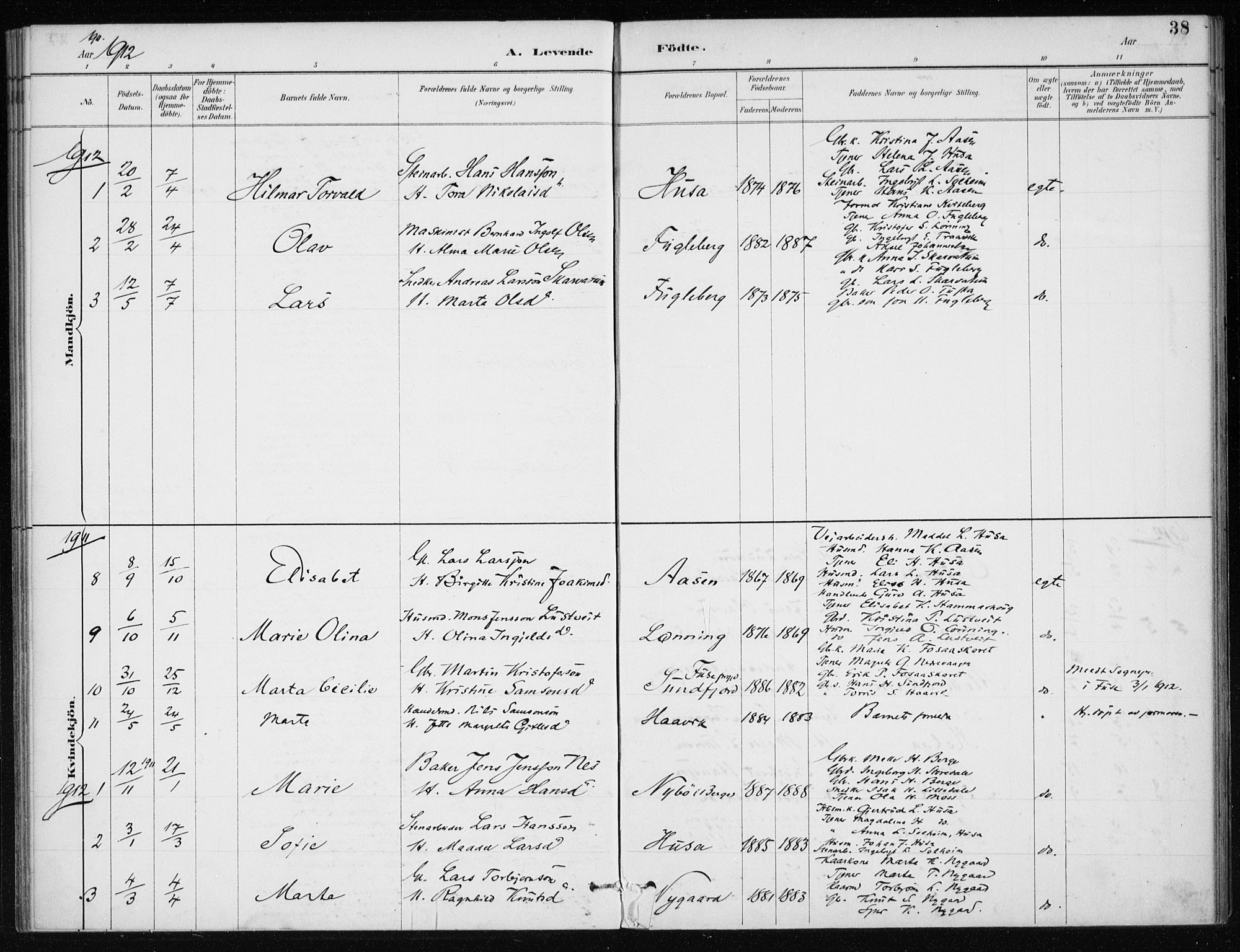 Kvinnherad sokneprestembete, SAB/A-76401/H/Haa: Parish register (official) no. E 1, 1887-1912, p. 38