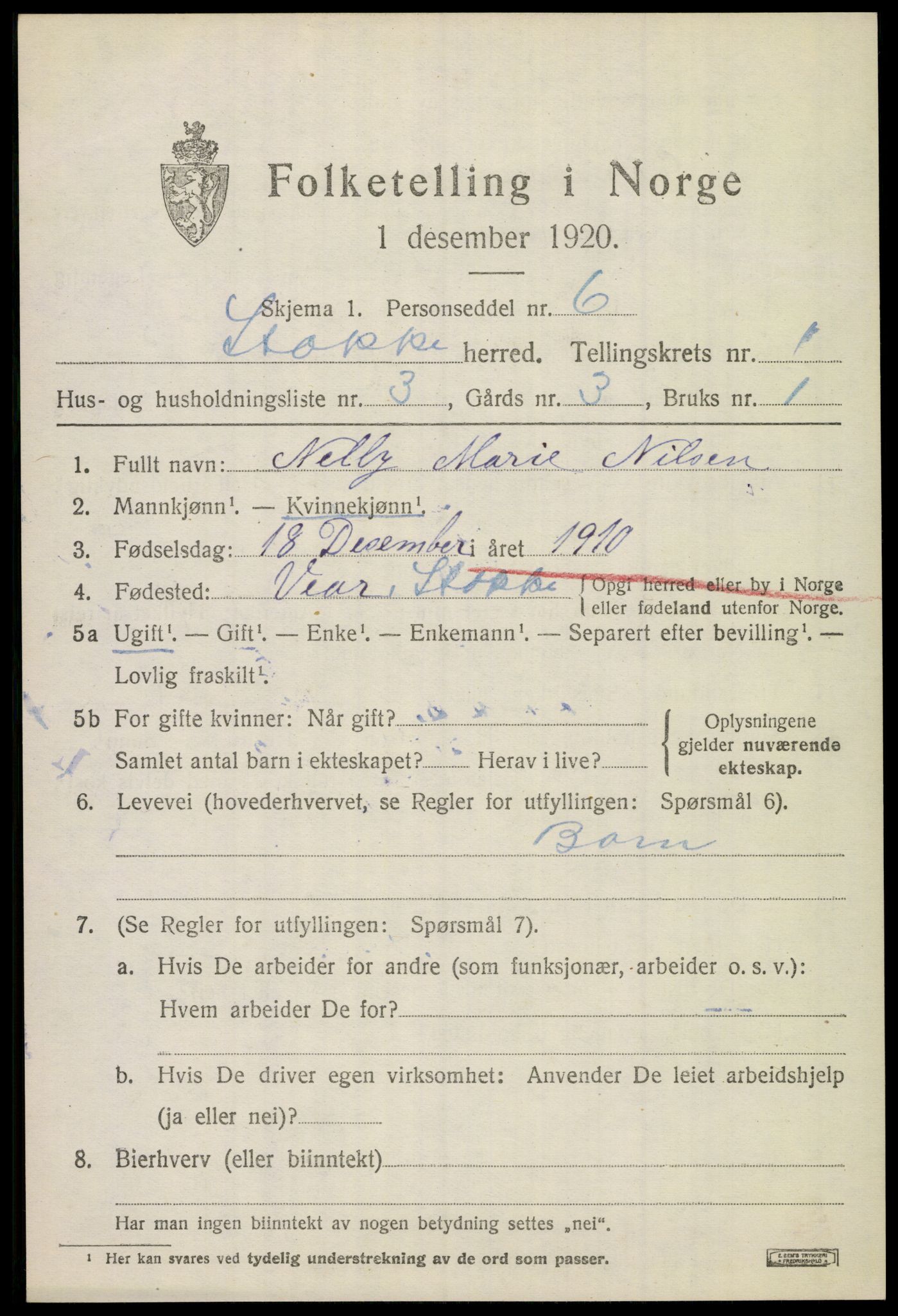 SAKO, 1920 census for Stokke, 1920, p. 2066
