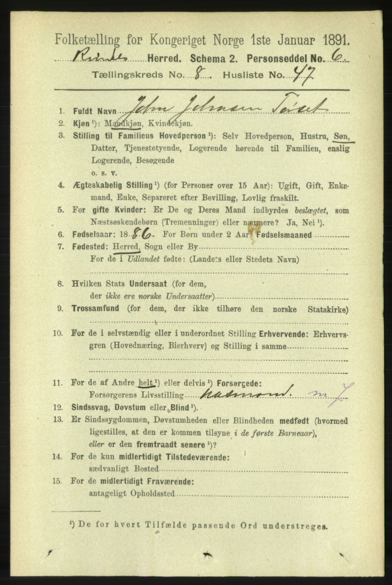 RA, 1891 census for 1567 Rindal, 1891, p. 2801