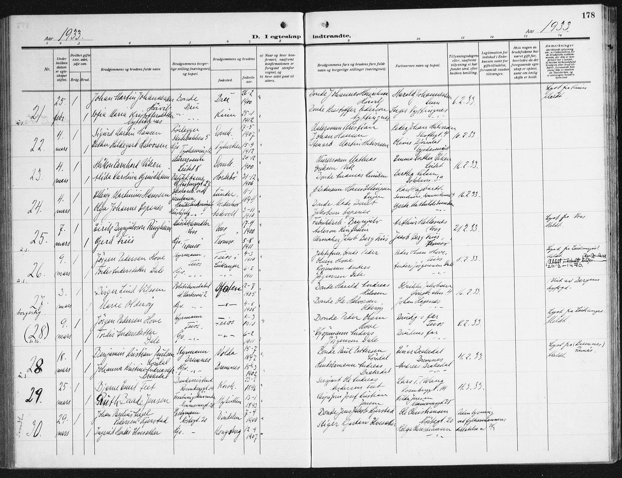 Domkirken sokneprestembete, AV/SAB-A-74801/H/Haa/L0039: Parish register (official) no. D 6, 1921-1937, p. 178