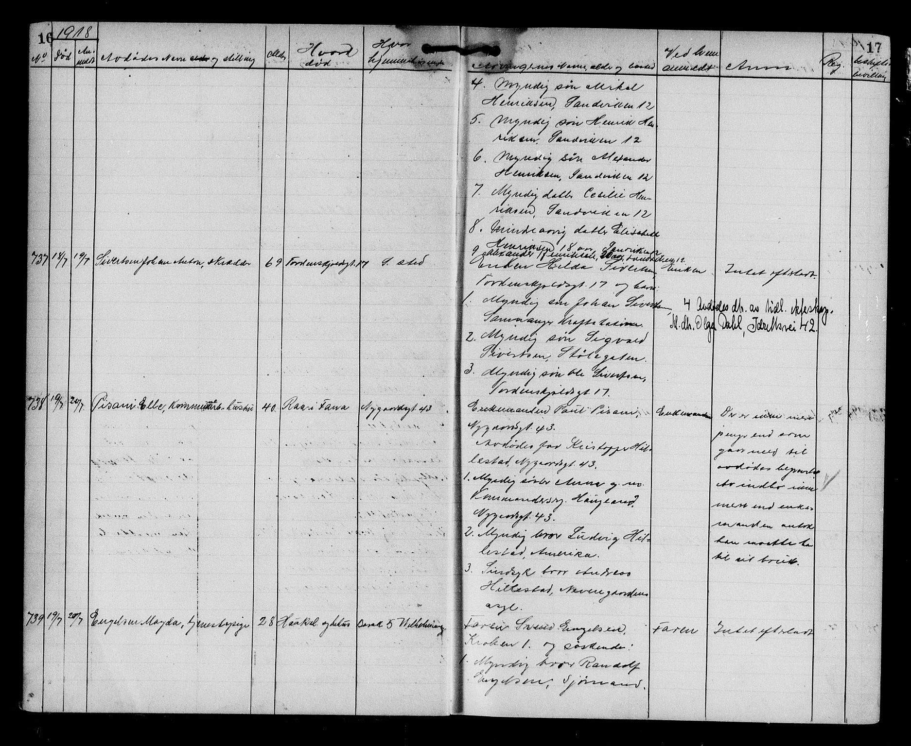 Byfogd og Byskriver i Bergen, AV/SAB-A-3401/06/06Na/L0012: Dødsfallsjournaler, 1918-1919, p. 16-17
