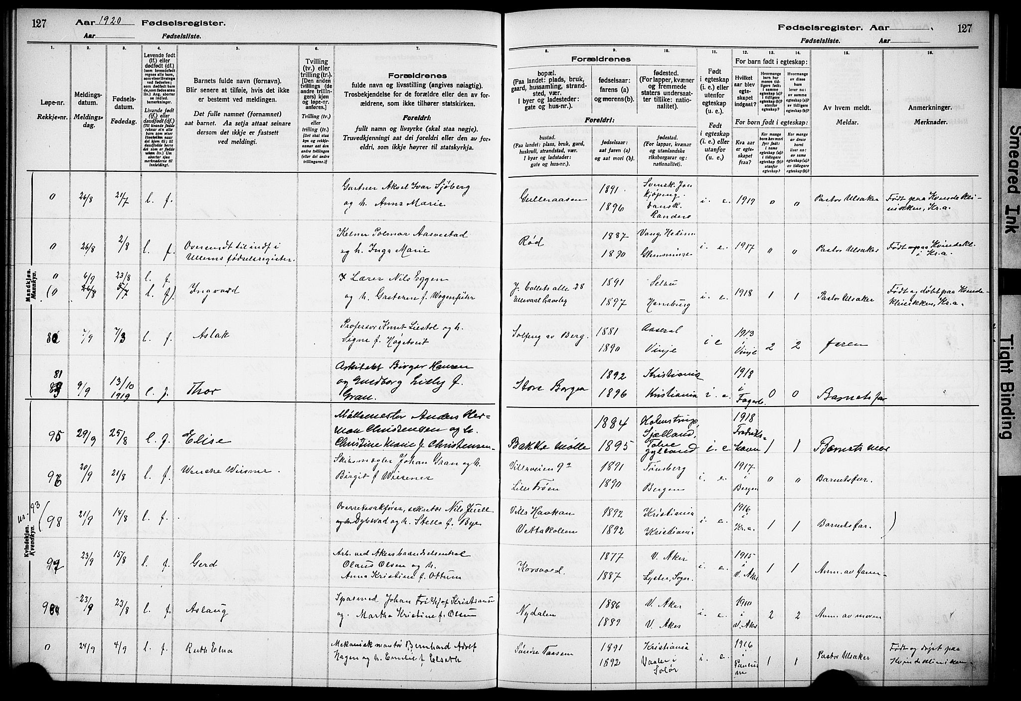 Vestre Aker prestekontor Kirkebøker, SAO/A-10025/J/Ja/L0001: Birth register no. 1, 1916-1922, p. 127