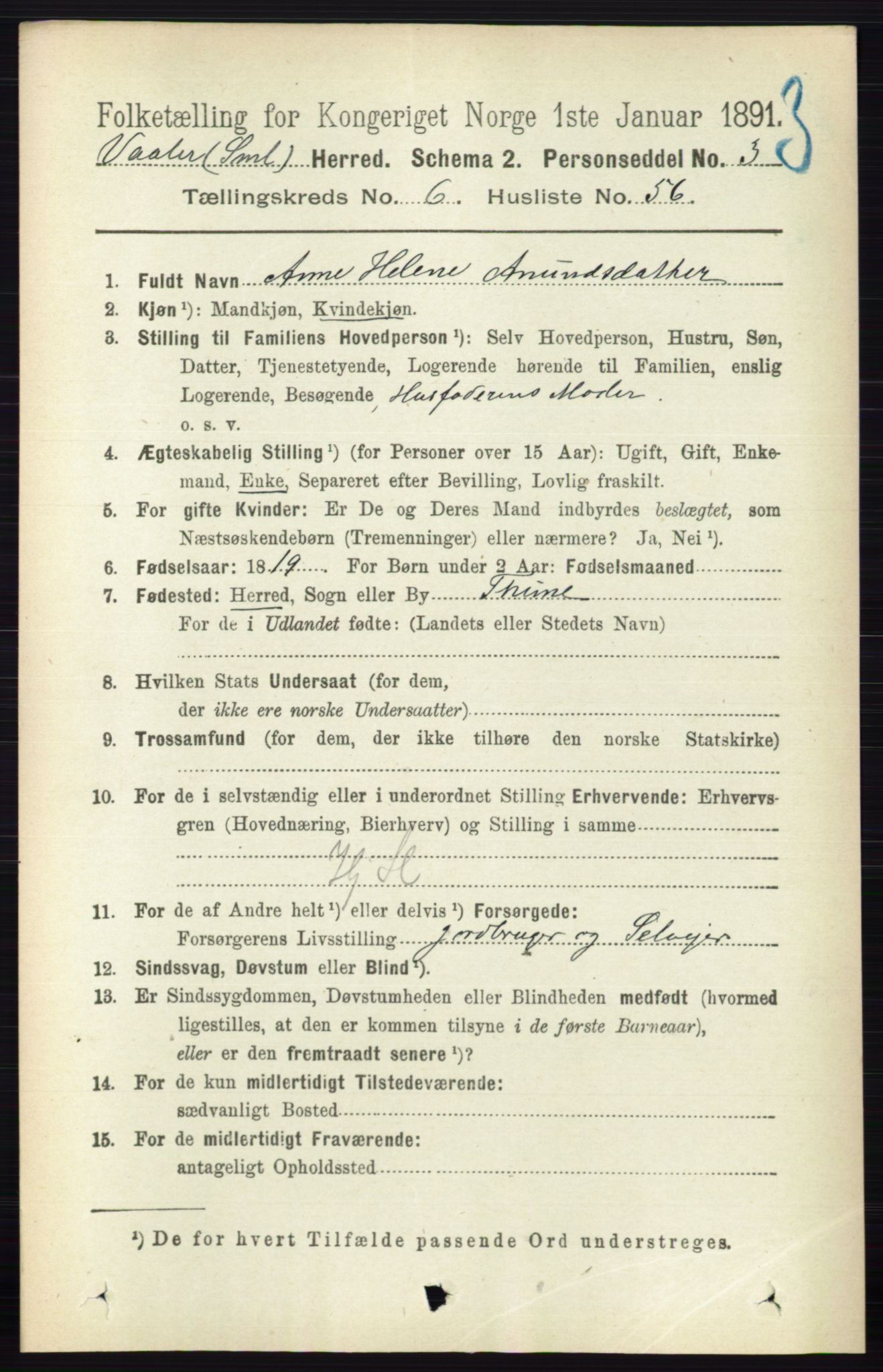 RA, 1891 census for 0137 Våler, 1891, p. 2665