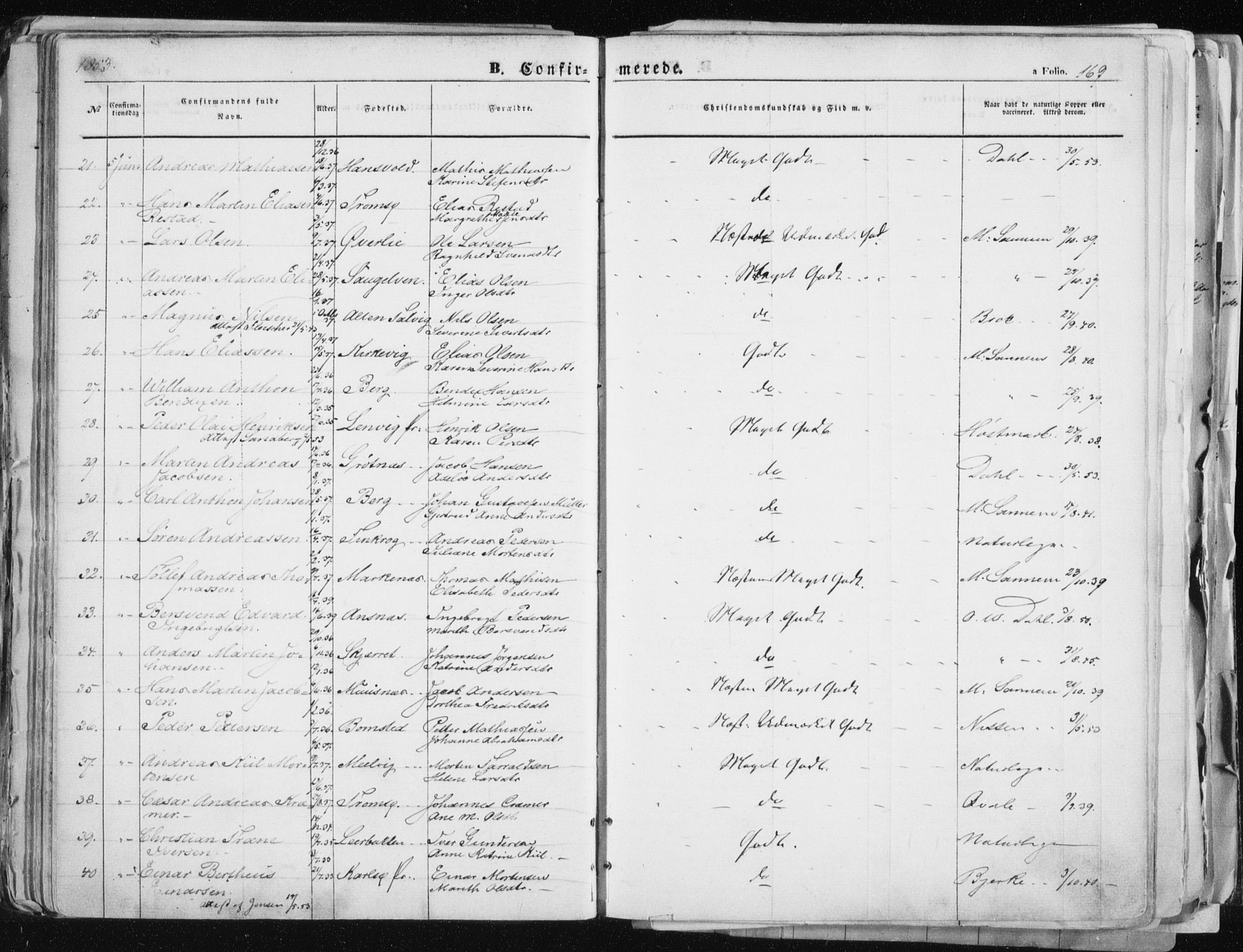 Tromsø sokneprestkontor/stiftsprosti/domprosti, SATØ/S-1343/G/Ga/L0010kirke: Parish register (official) no. 10, 1848-1855, p. 169