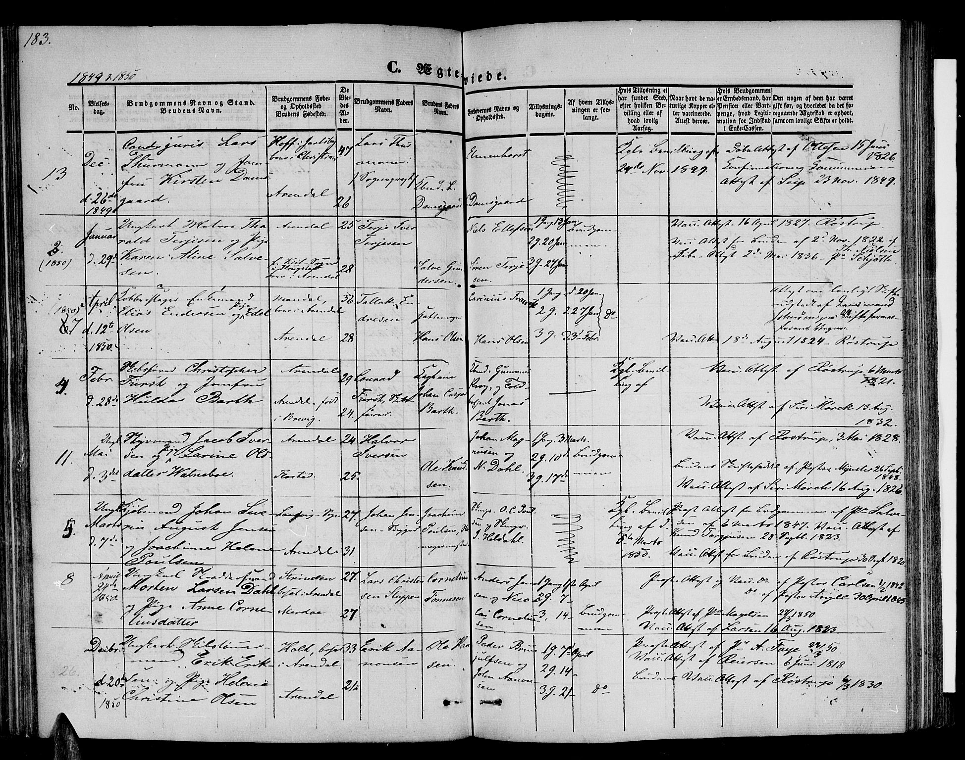 Arendal sokneprestkontor, Trefoldighet, SAK/1111-0040/F/Fb/L0002: Parish register (copy) no. B 2, 1838-1860, p. 183
