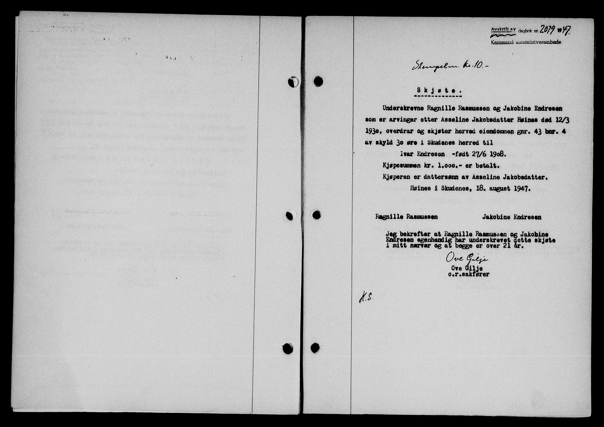 Karmsund sorenskriveri, SAST/A-100311/01/II/IIB/L0090: Mortgage book no. 70A, 1947-1947, Diary no: : 2079/1947