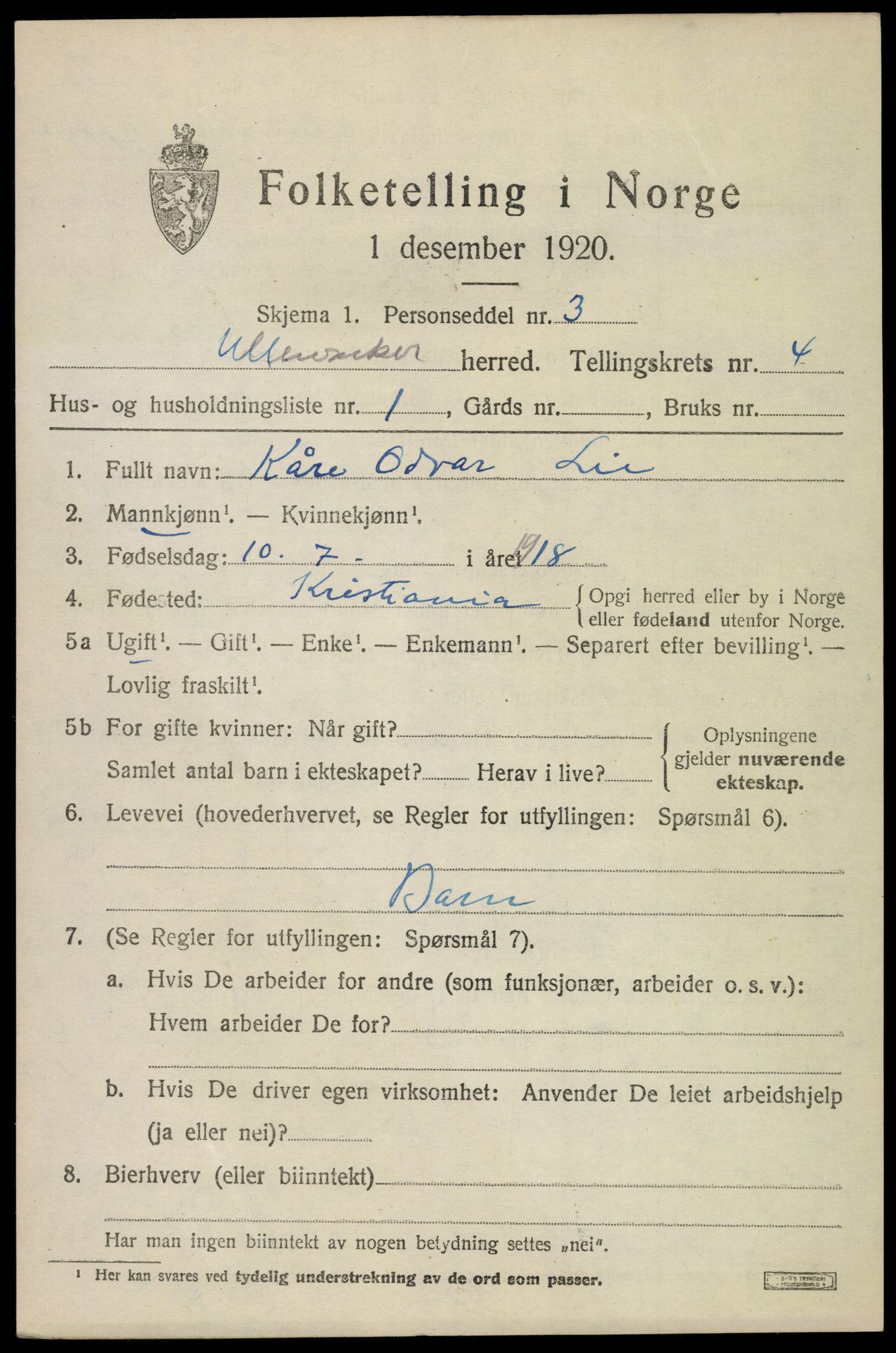 SAO, 1920 census for Ullensaker, 1920, p. 7245