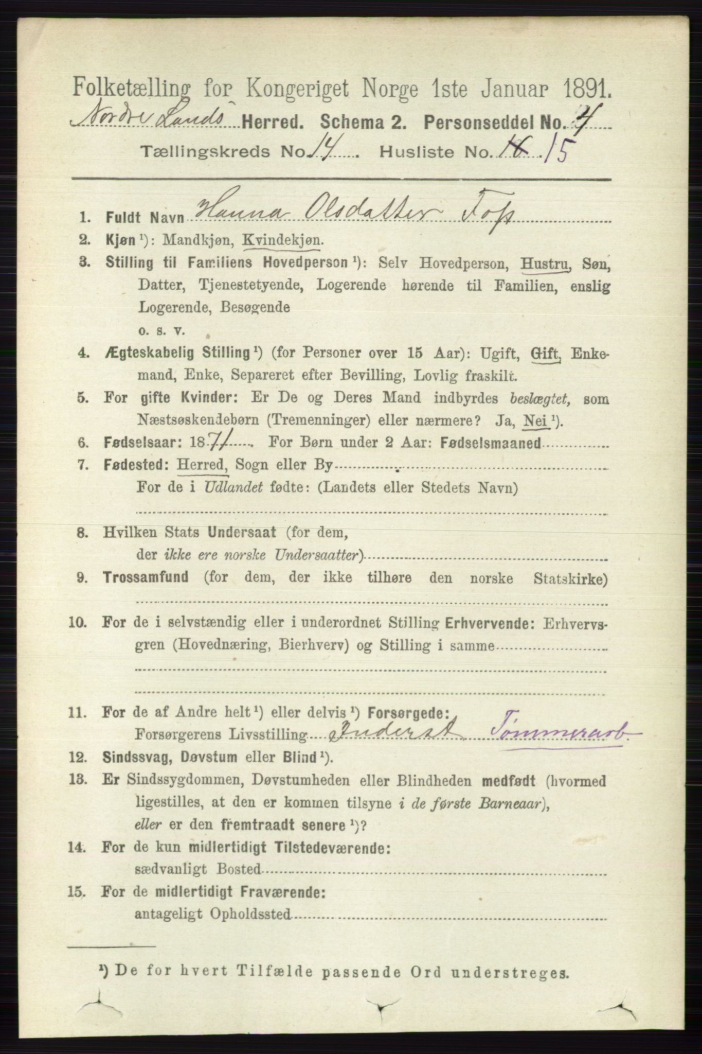 RA, 1891 census for 0538 Nordre Land, 1891, p. 3689