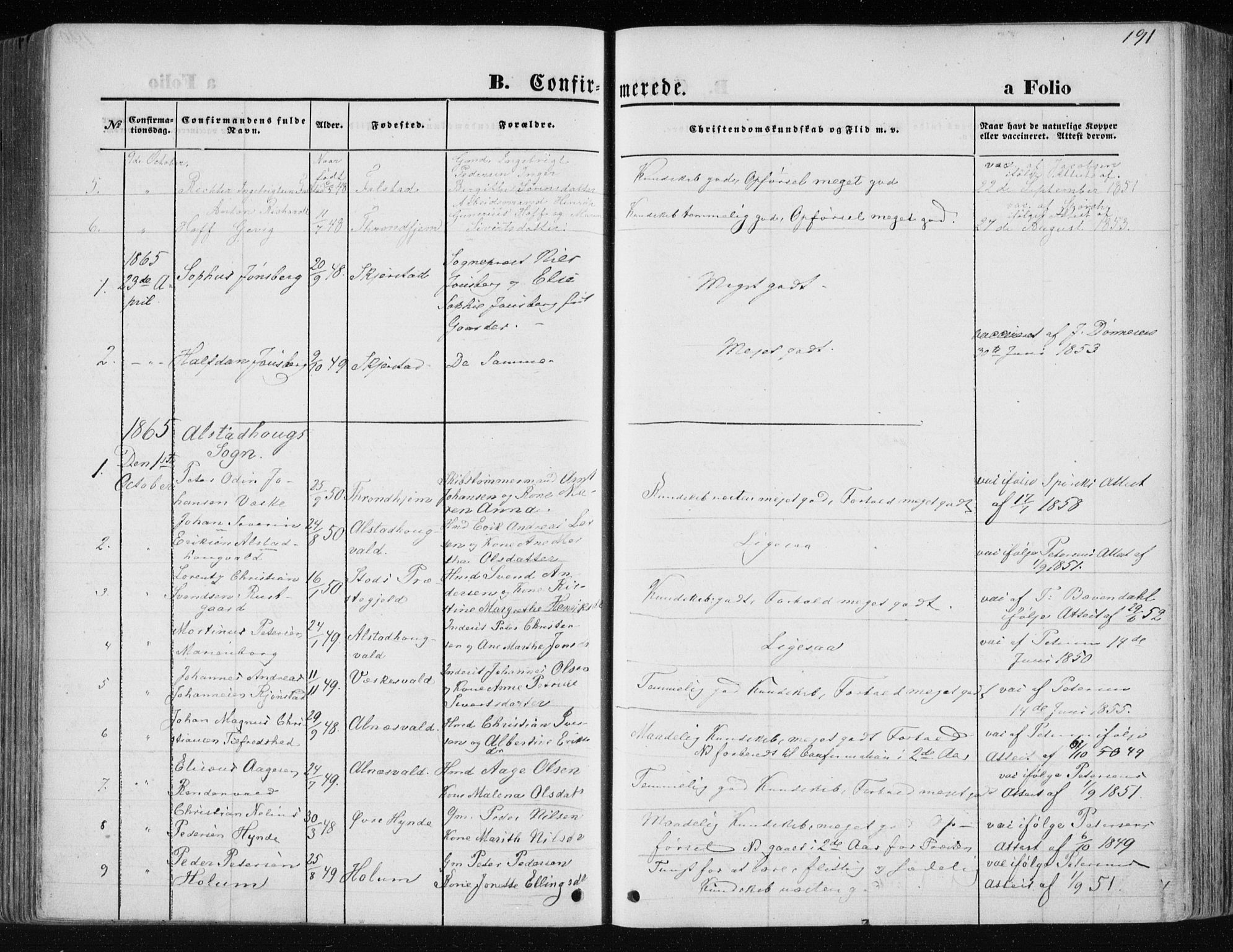 Ministerialprotokoller, klokkerbøker og fødselsregistre - Nord-Trøndelag, SAT/A-1458/717/L0157: Parish register (official) no. 717A08 /1, 1863-1877, p. 191