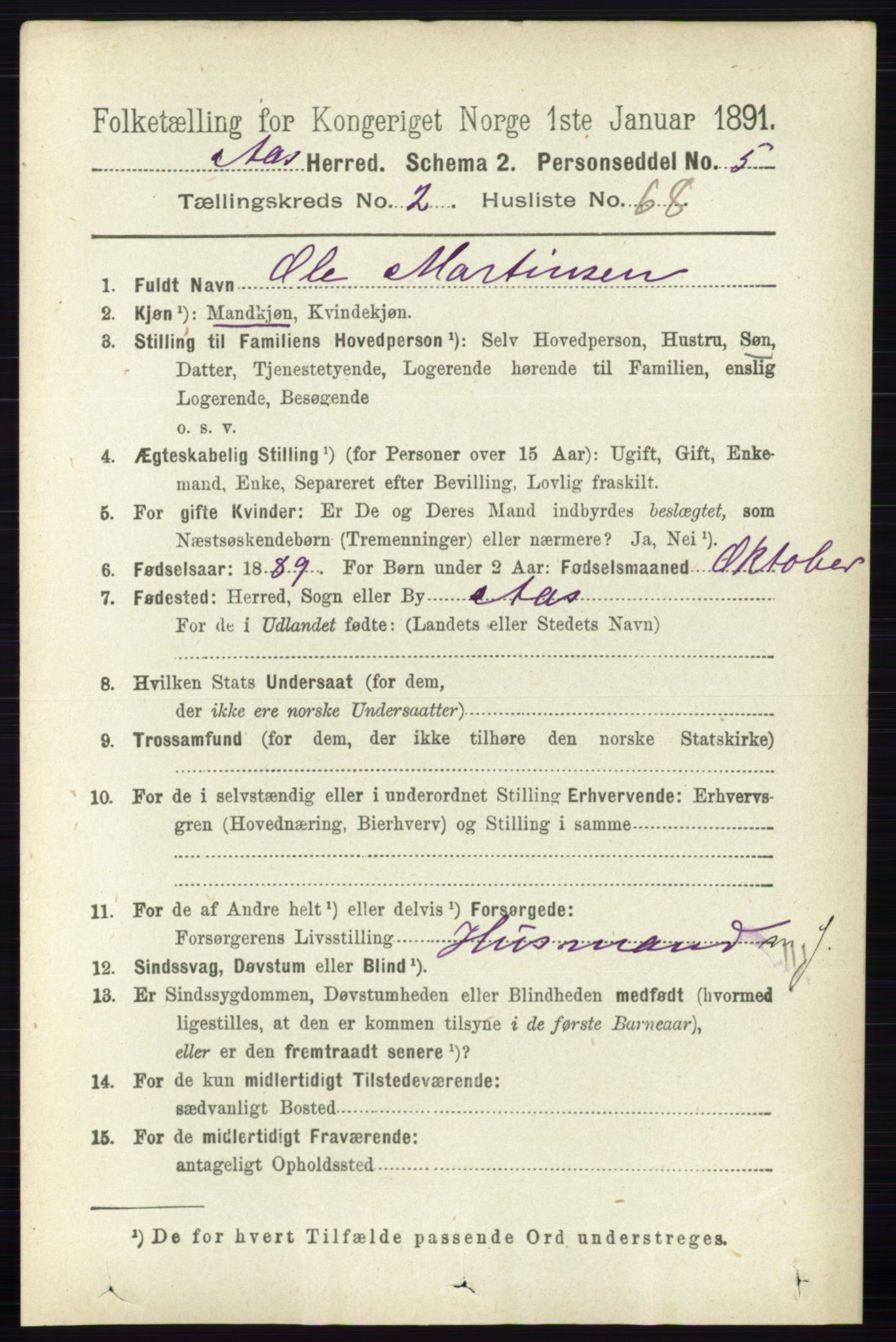 RA, 1891 census for 0214 Ås, 1891, p. 2015