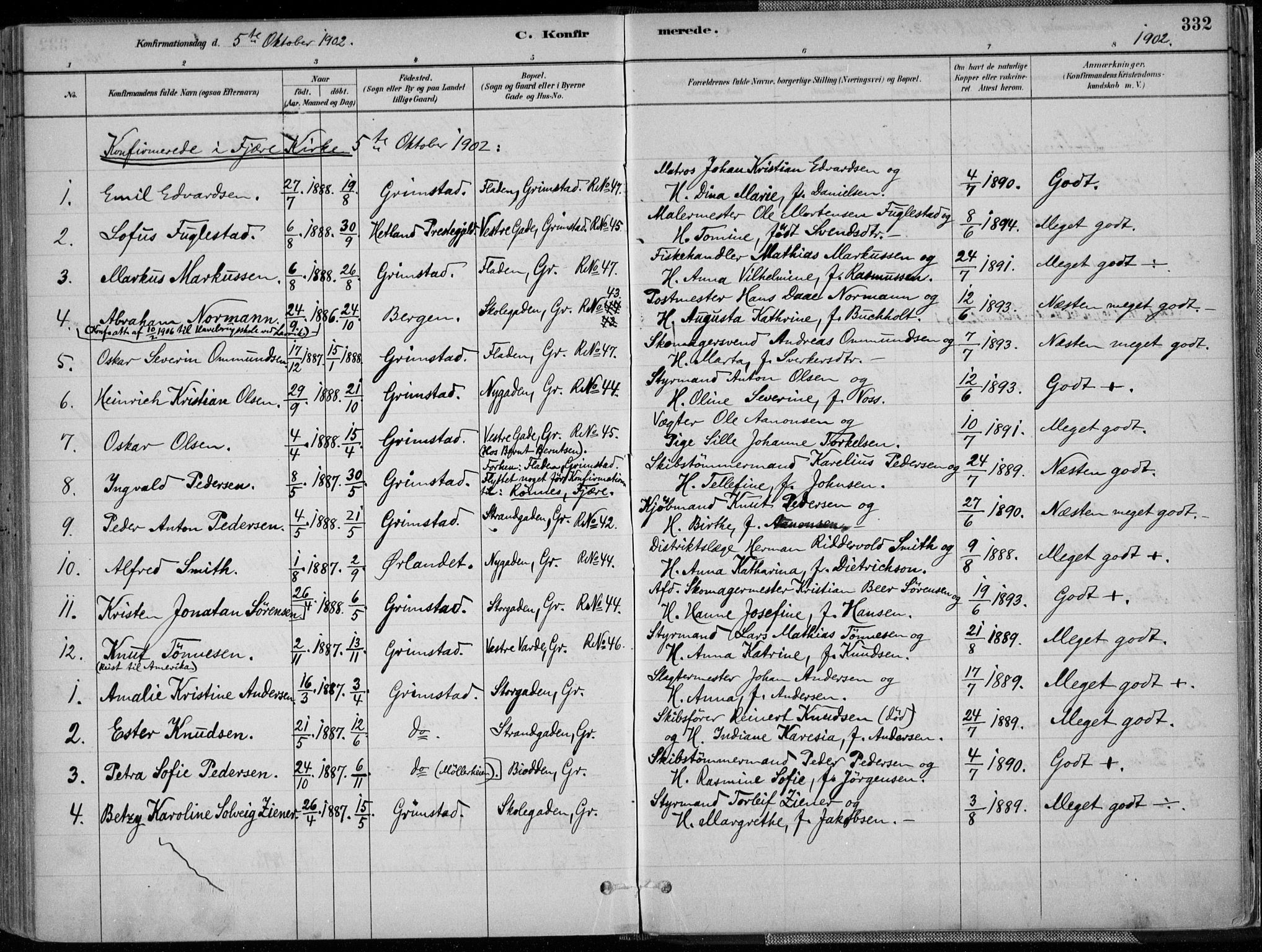 Grimstad sokneprestkontor, SAK/1111-0017/F/Fa/L0003: Parish register (official) no. A 2, 1882-1912, p. 332