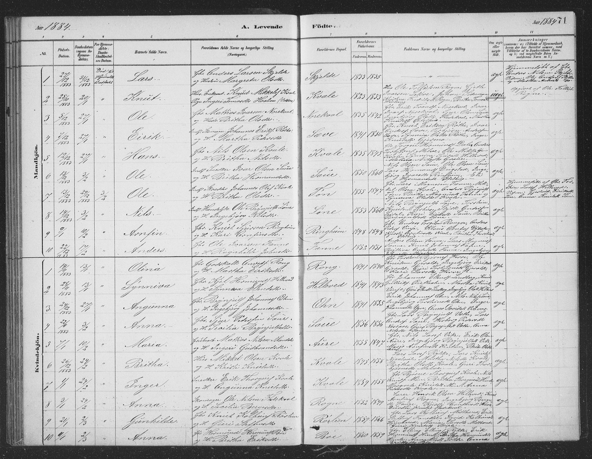 Voss sokneprestembete, SAB/A-79001/H/Hab: Parish register (copy) no. B 3, 1879-1894, p. 71