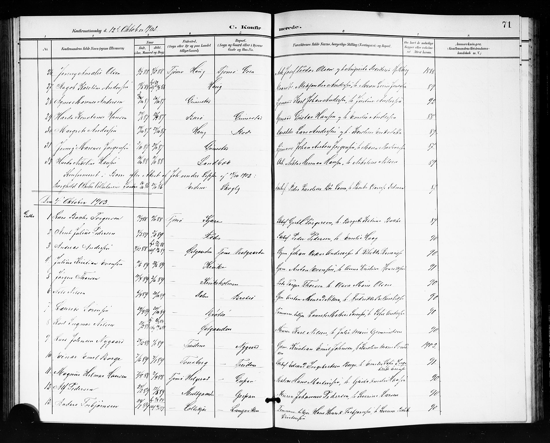 Tjøme kirkebøker, SAKO/A-328/G/Ga/L0001: Parish register (copy) no. 1, 1901-1910, p. 71