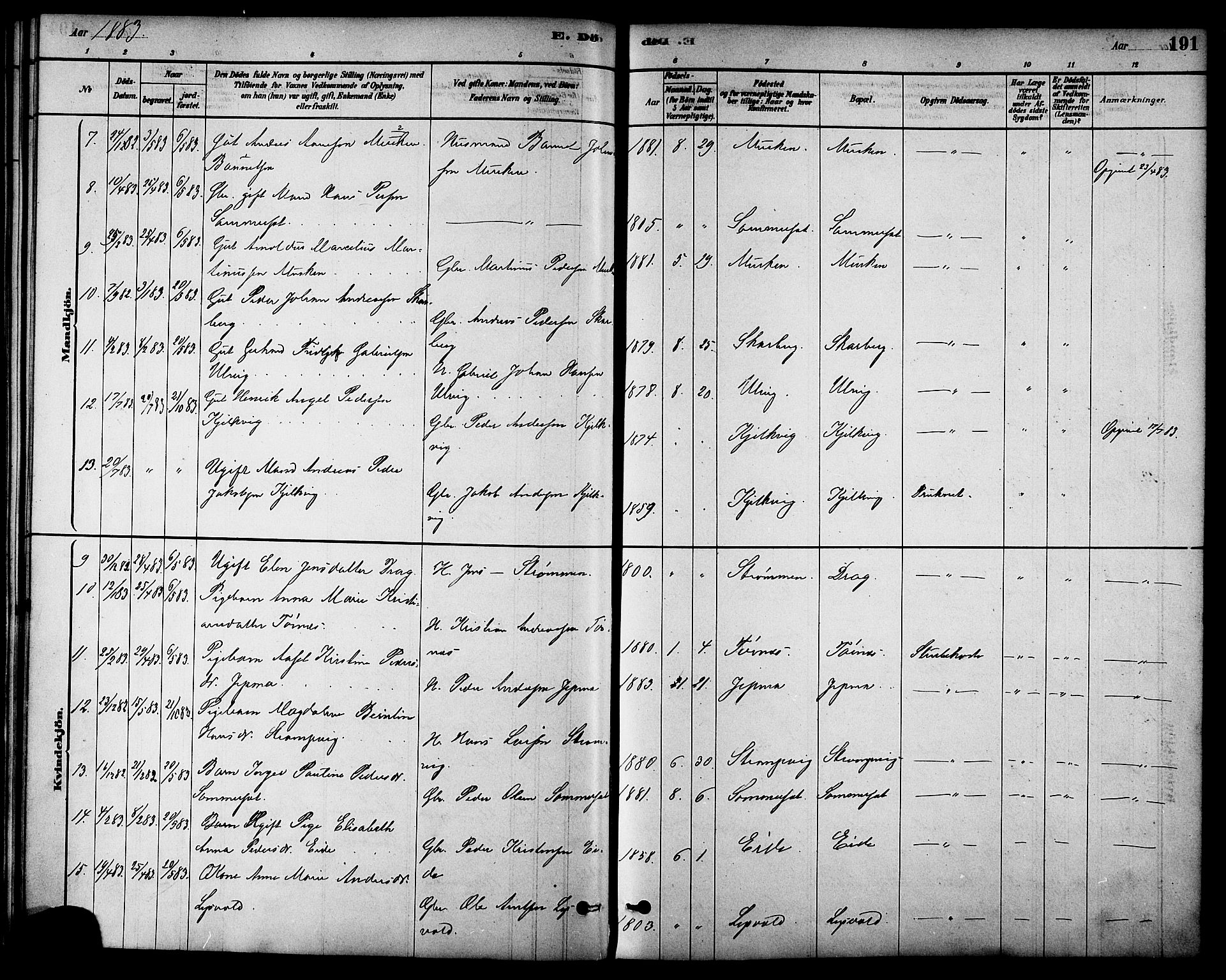 Ministerialprotokoller, klokkerbøker og fødselsregistre - Nordland, AV/SAT-A-1459/861/L0868: Parish register (official) no. 861A03, 1879-1889, p. 191