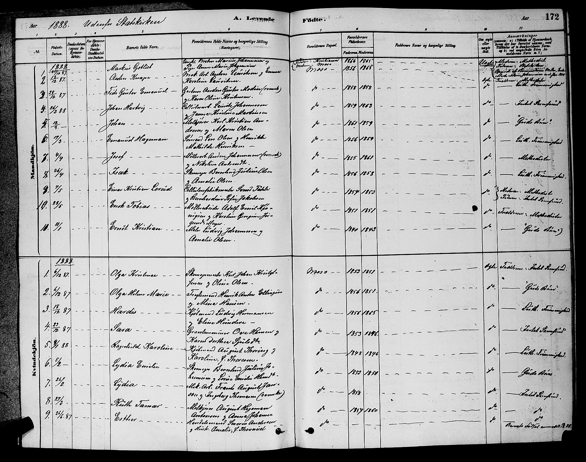 Moss prestekontor Kirkebøker, AV/SAO-A-2003/G/Ga/L0005: Parish register (copy) no. I 5, 1878-1888, p. 172