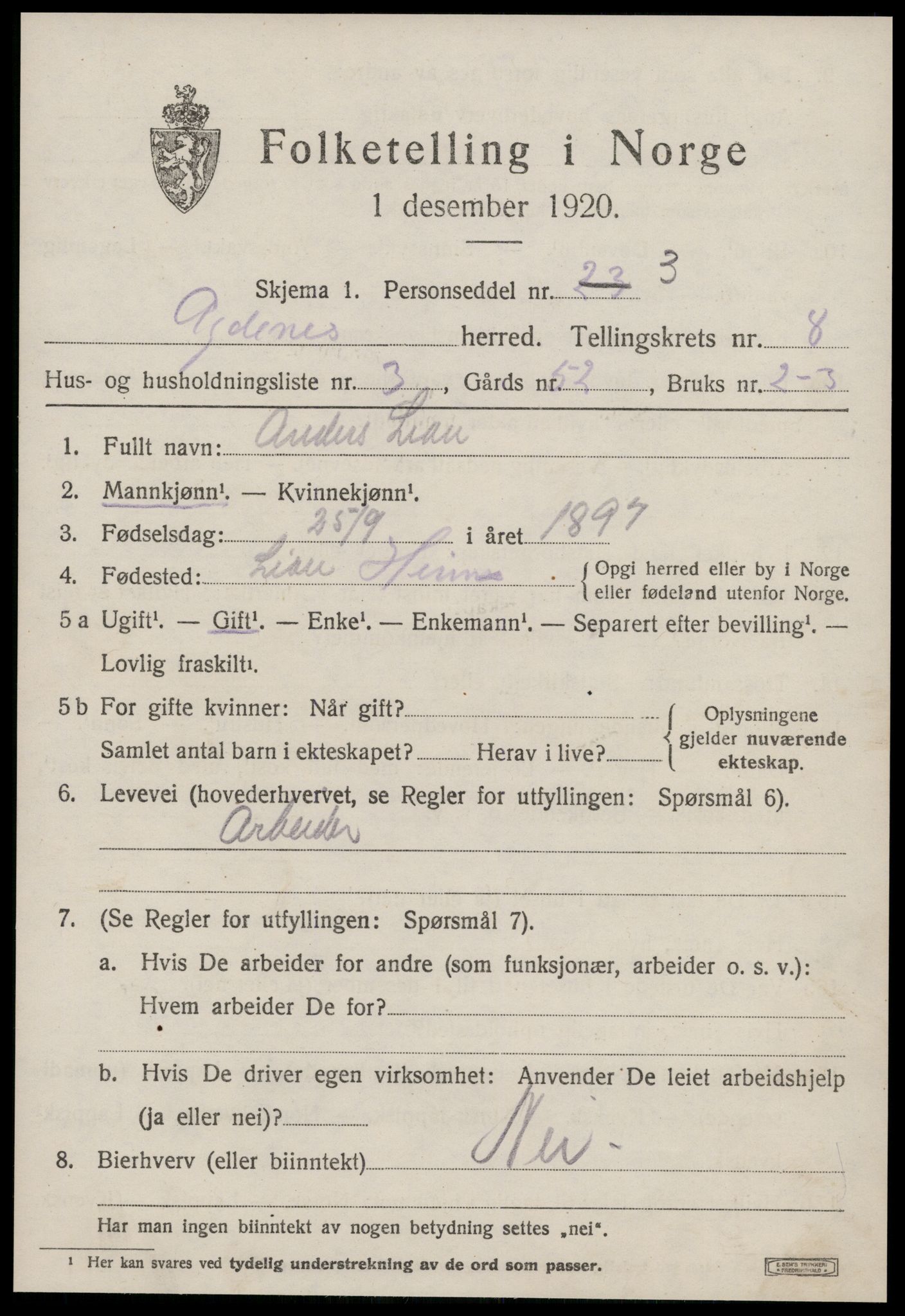 SAT, 1920 census for Agdenes, 1920, p. 2943