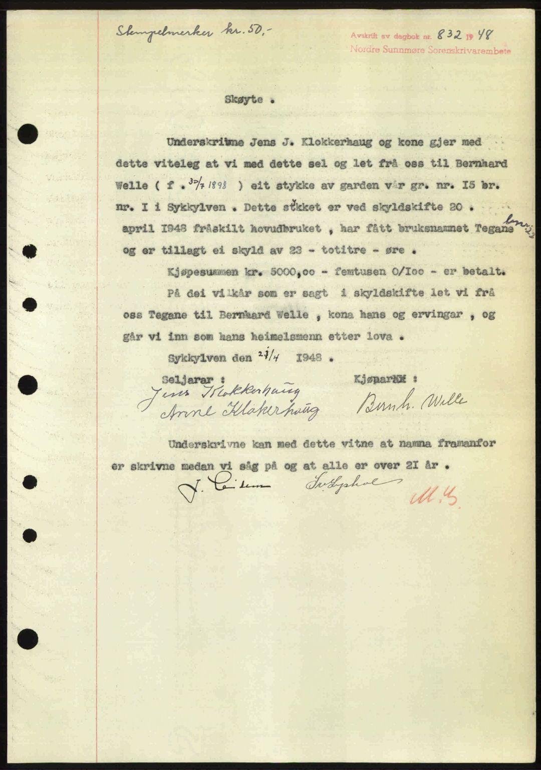 Nordre Sunnmøre sorenskriveri, AV/SAT-A-0006/1/2/2C/2Ca: Mortgage book no. A27, 1948-1948, Diary no: : 832/1948