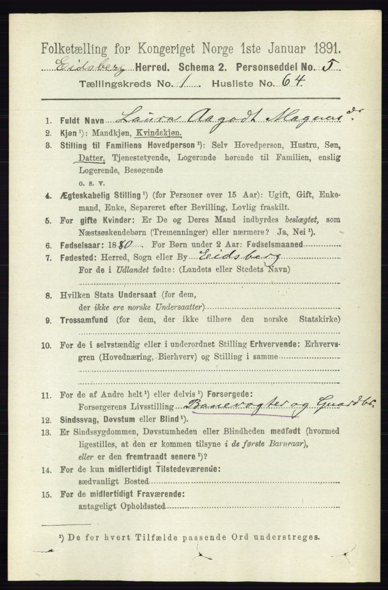 RA, 1891 census for 0125 Eidsberg, 1891, p. 538