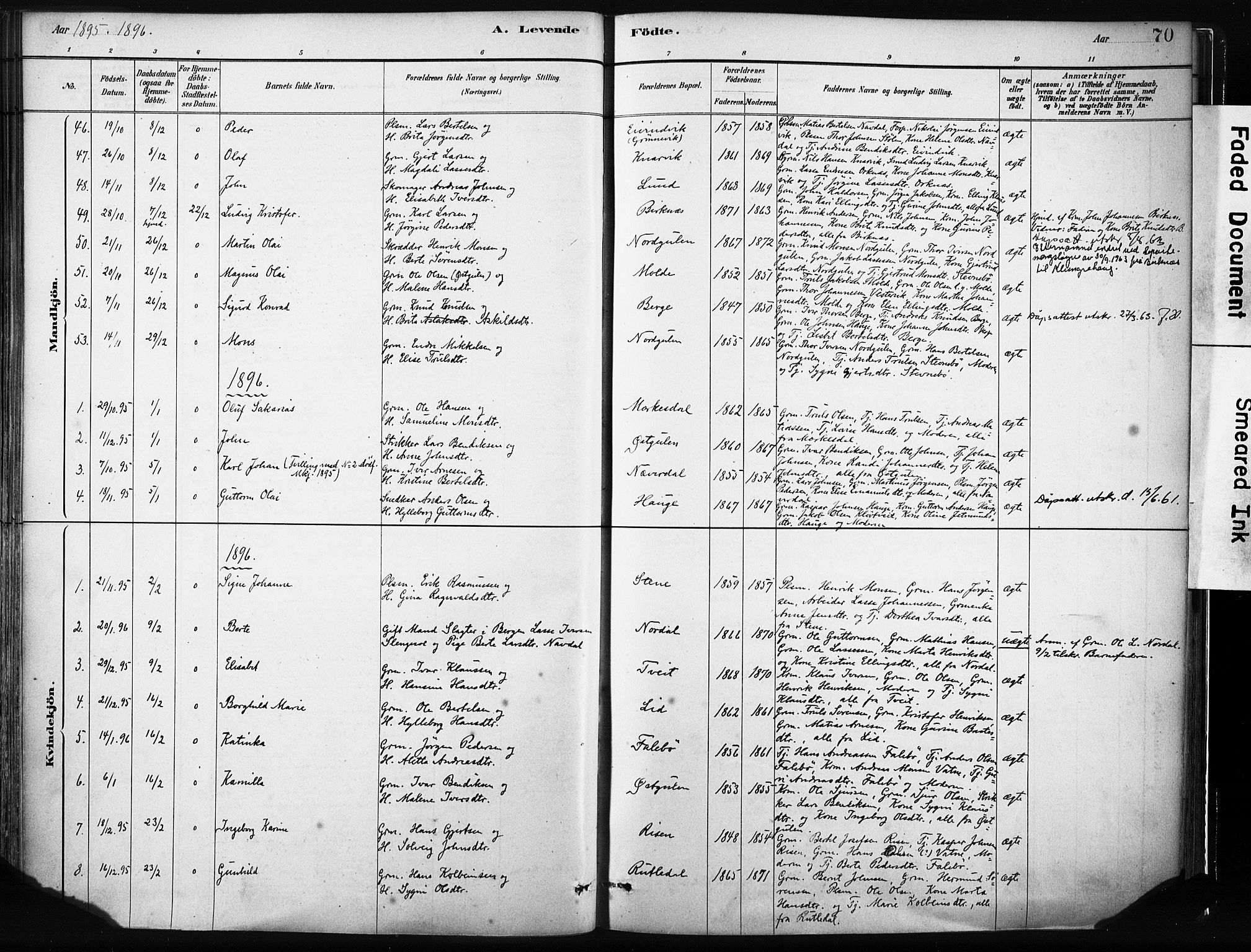 Gulen sokneprestembete, SAB/A-80201/H/Haa/Haab/L0001: Parish register (official) no. B 1, 1881-1905, p. 70