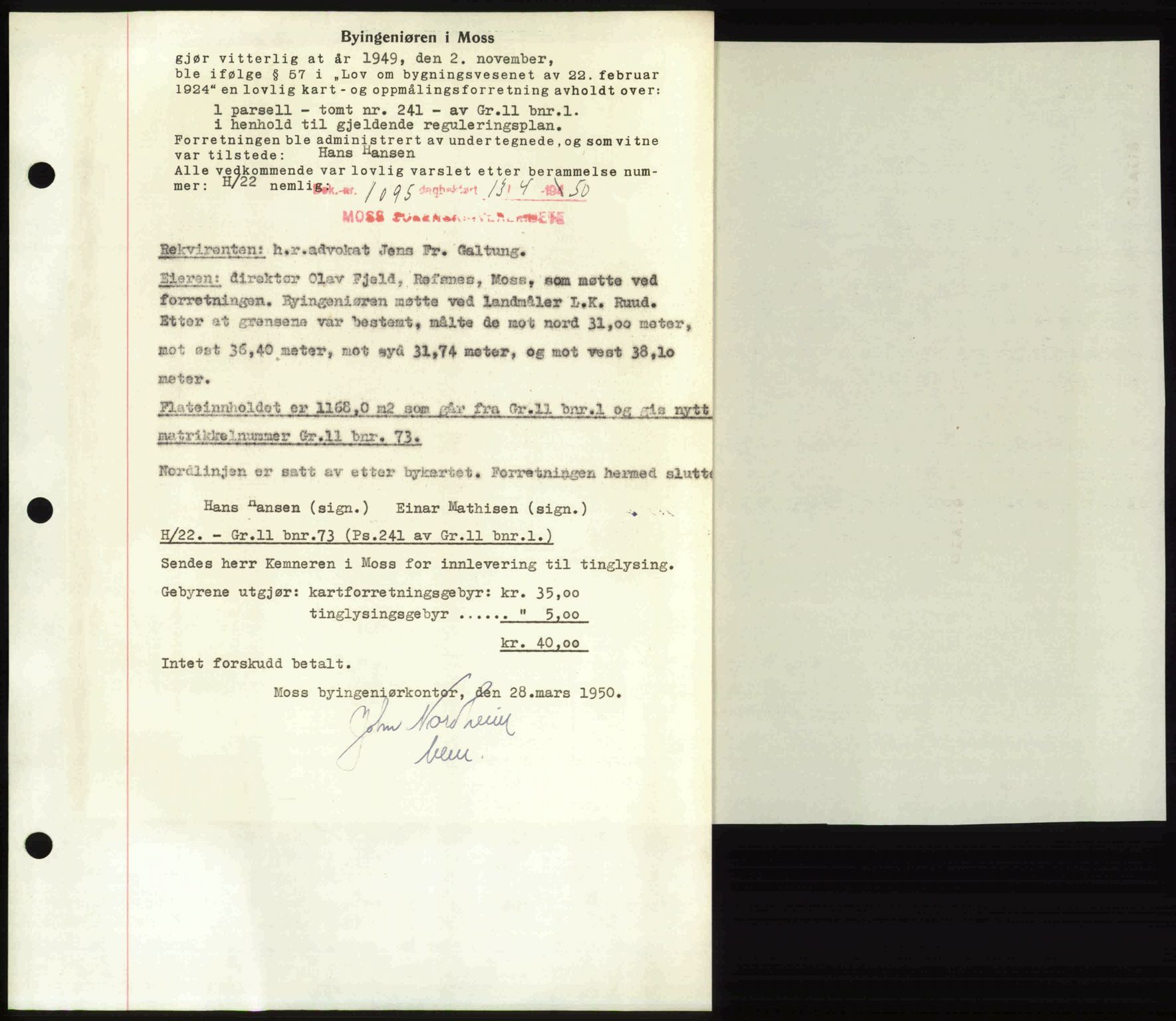 Moss sorenskriveri, SAO/A-10168: Mortgage book no. A25, 1950-1950, Diary no: : 1095/1950