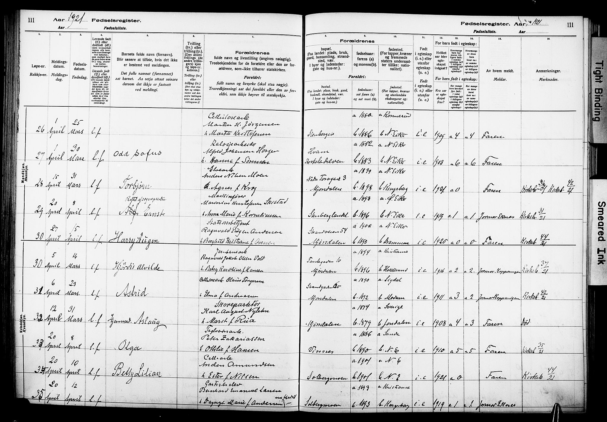 Nedre Eiker kirkebøker, AV/SAKO-A-612/J/Ja/L0001: Birth register no. 1, 1916-1925, p. 111