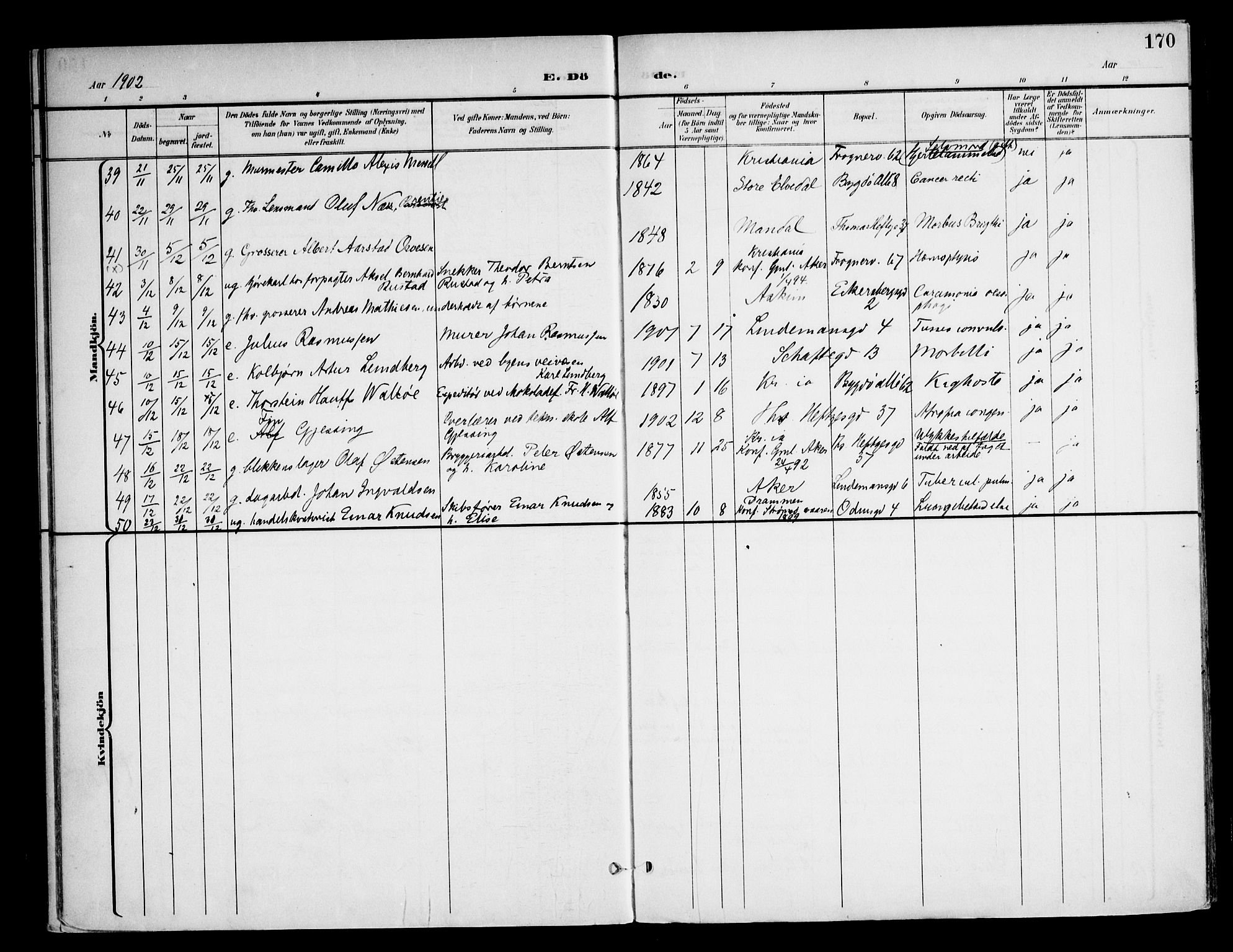 Frogner prestekontor Kirkebøker, AV/SAO-A-10886/F/Fa/L0004: Parish register (official) no. 4, 1898-1921, p. 170