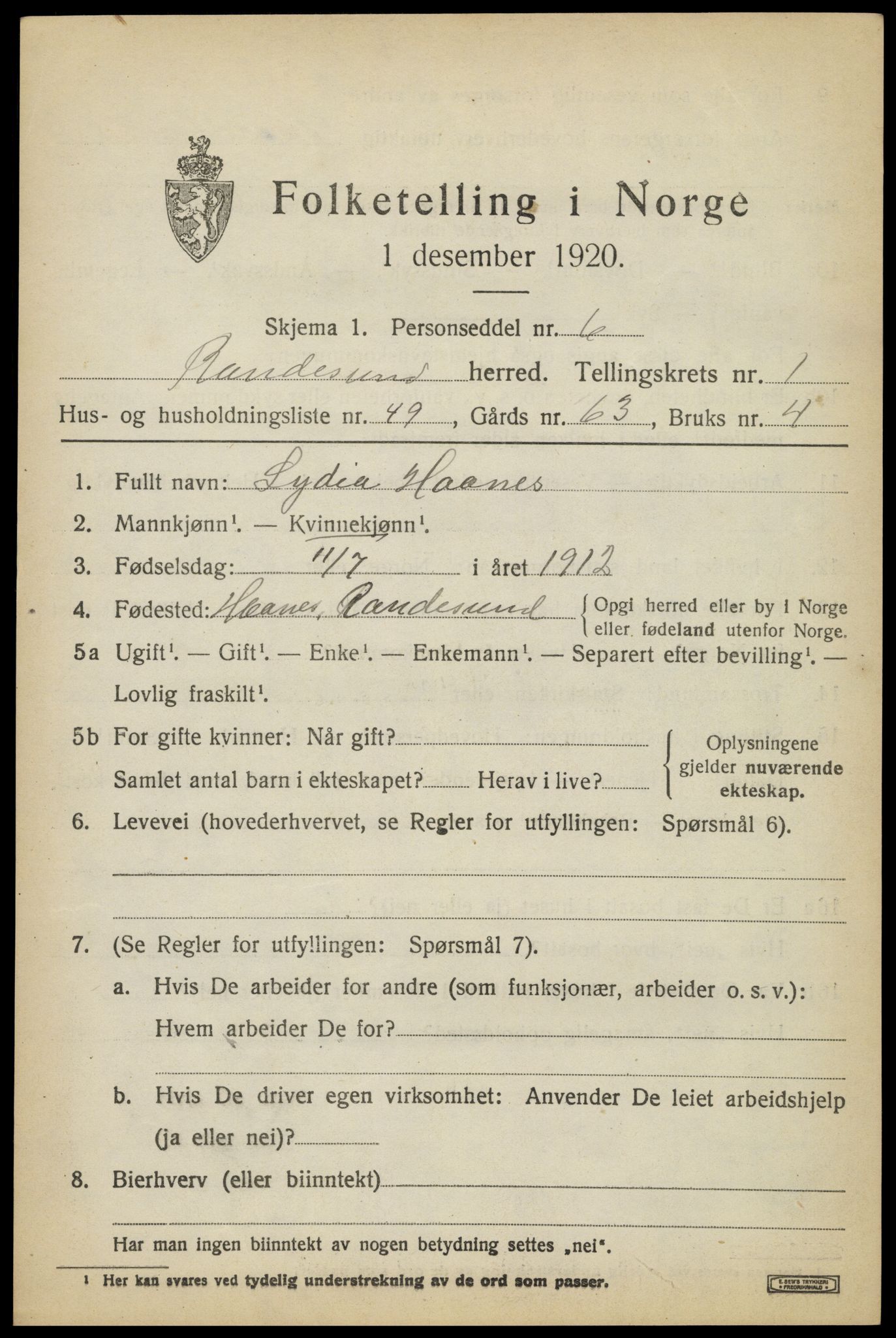 SAK, 1920 census for Randesund, 1920, p. 1070