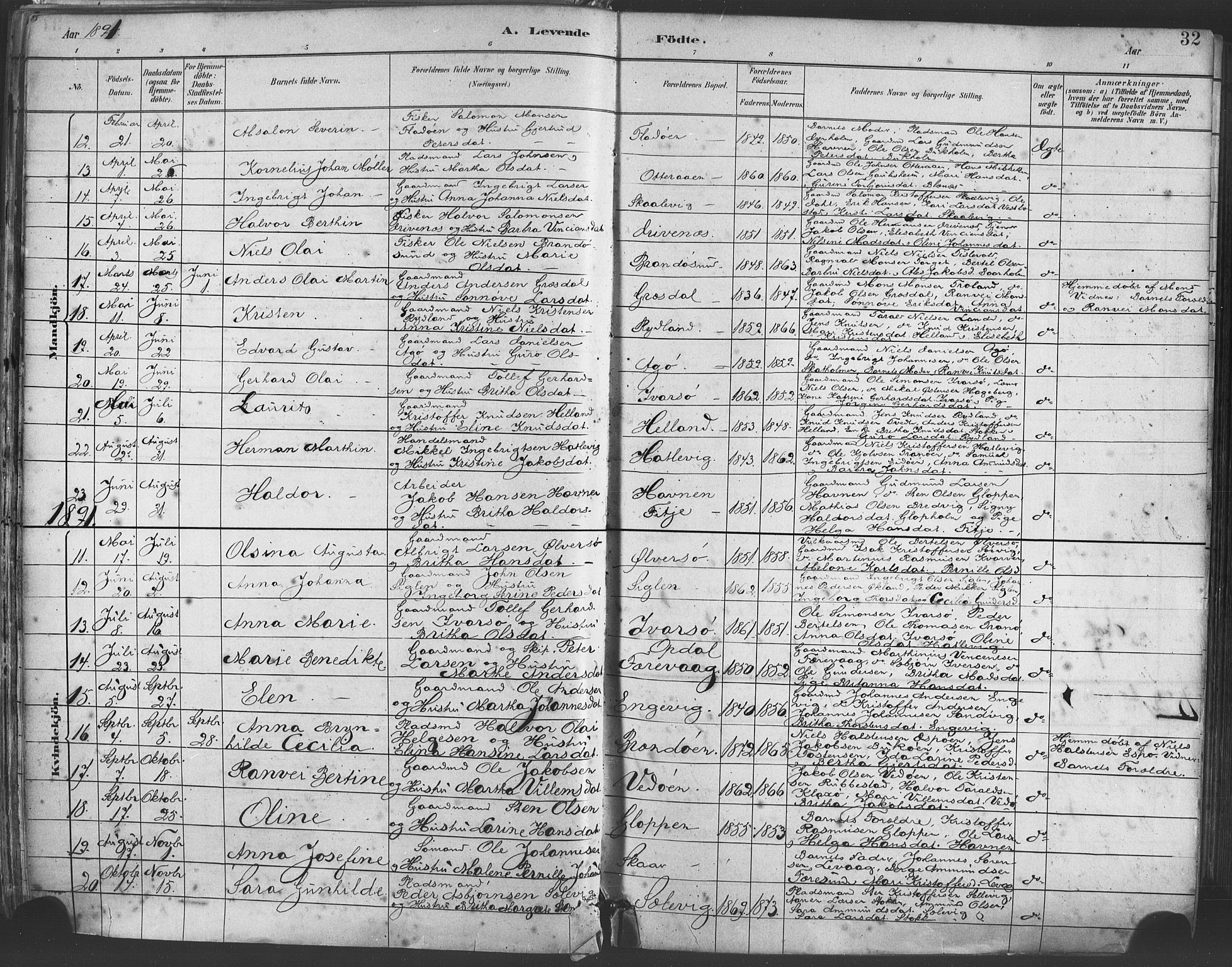 Fitjar sokneprestembete, SAB/A-99926: Parish register (official) no. A 2, 1882-1899, p. 32