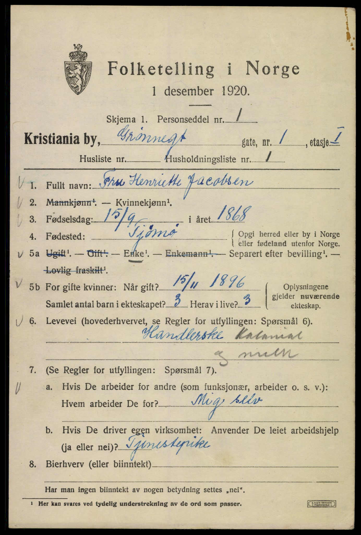 SAO, 1920 census for Kristiania, 1920, p. 258385
