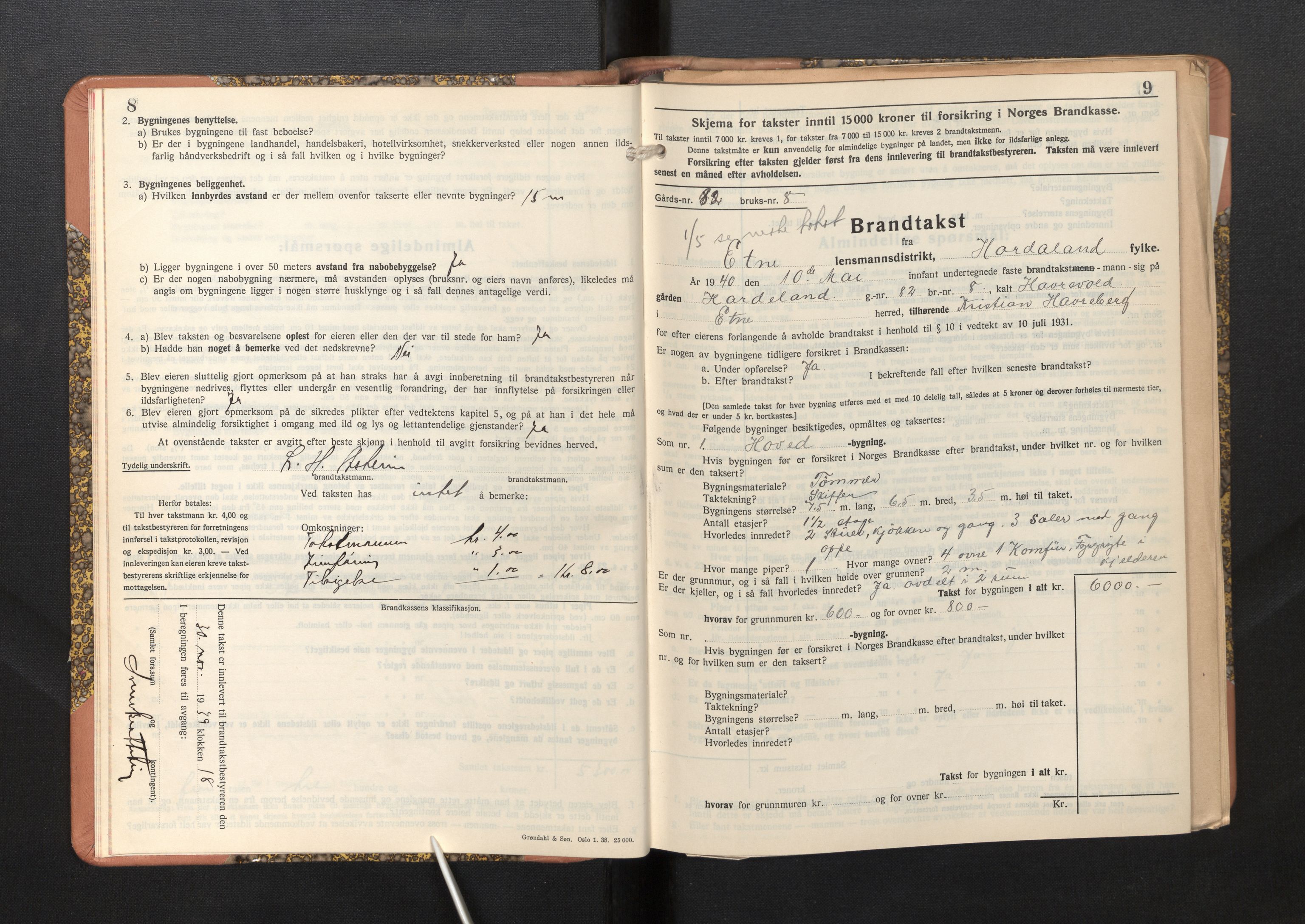 Lensmannen i Etne, SAB/A-31601/0012/L0002: Branntakstprotokoll, skjematakst, 1939-1948, p. 8-9