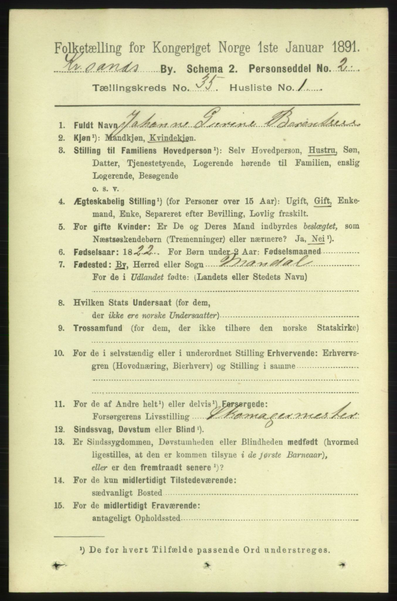 RA, 1891 census for 1001 Kristiansand, 1891, p. 11013