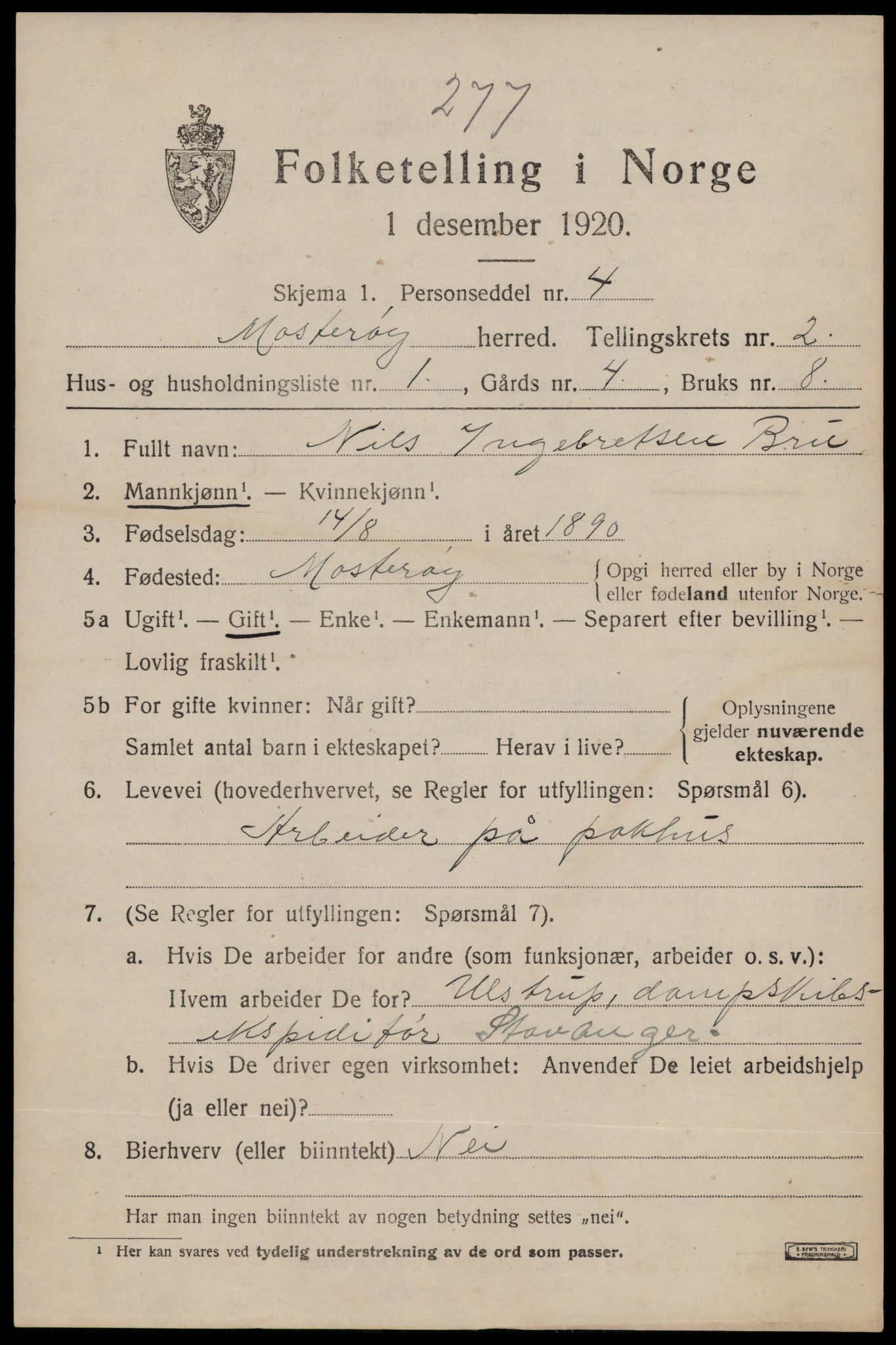 SAST, 1920 census for Mosterøy, 1920, p. 752