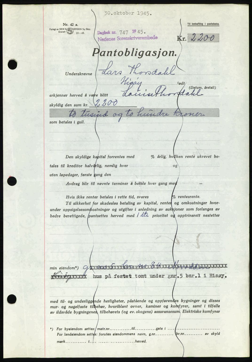 Nedenes sorenskriveri, SAK/1221-0006/G/Gb/Gbb/L0003: Mortgage book no. B3a, 1945-1945, Diary no: : 747/1945