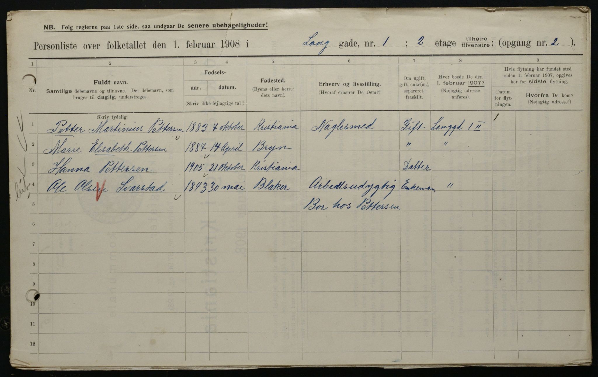 OBA, Municipal Census 1908 for Kristiania, 1908, p. 50617