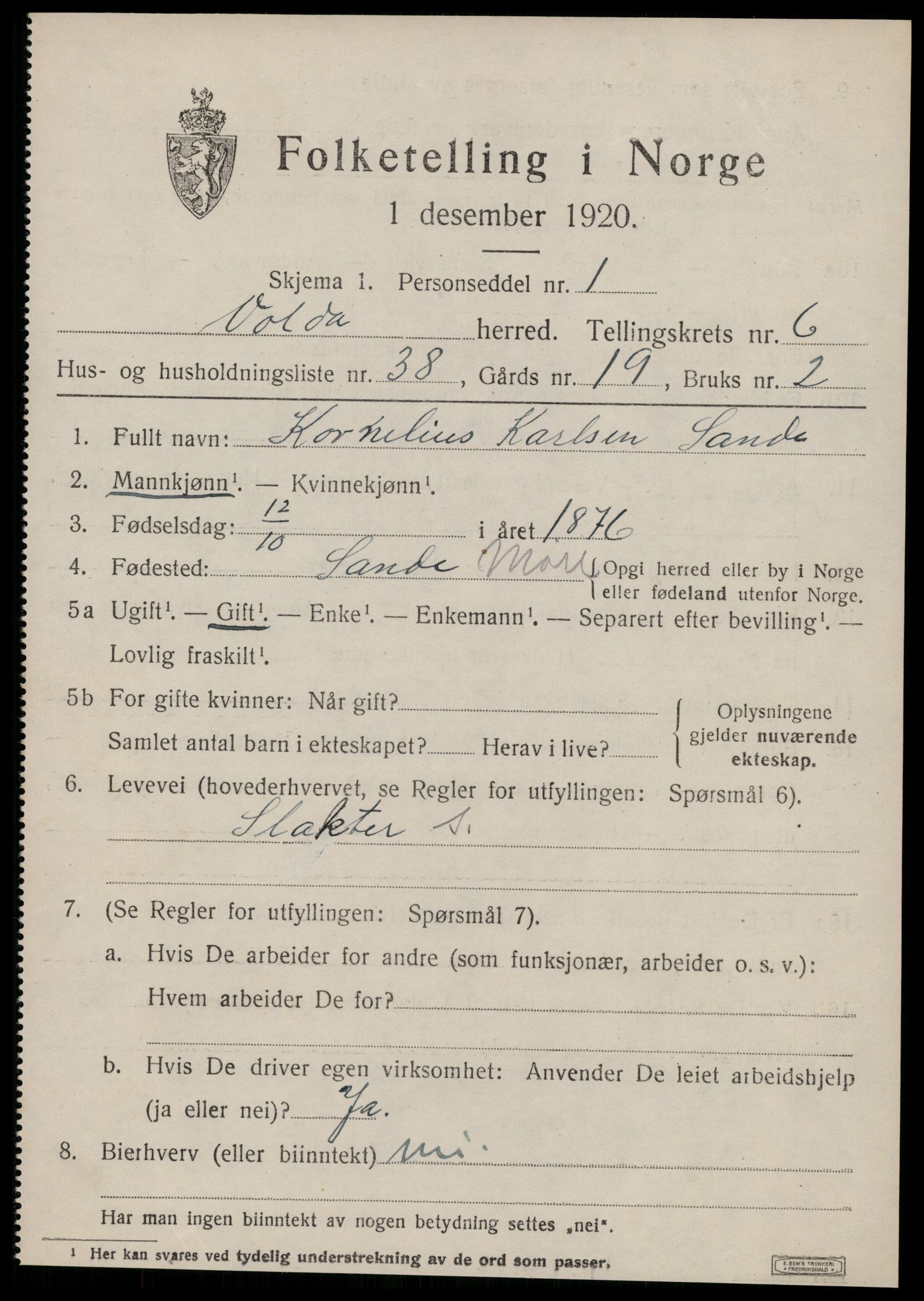 SAT, 1920 census for Volda, 1920, p. 5654