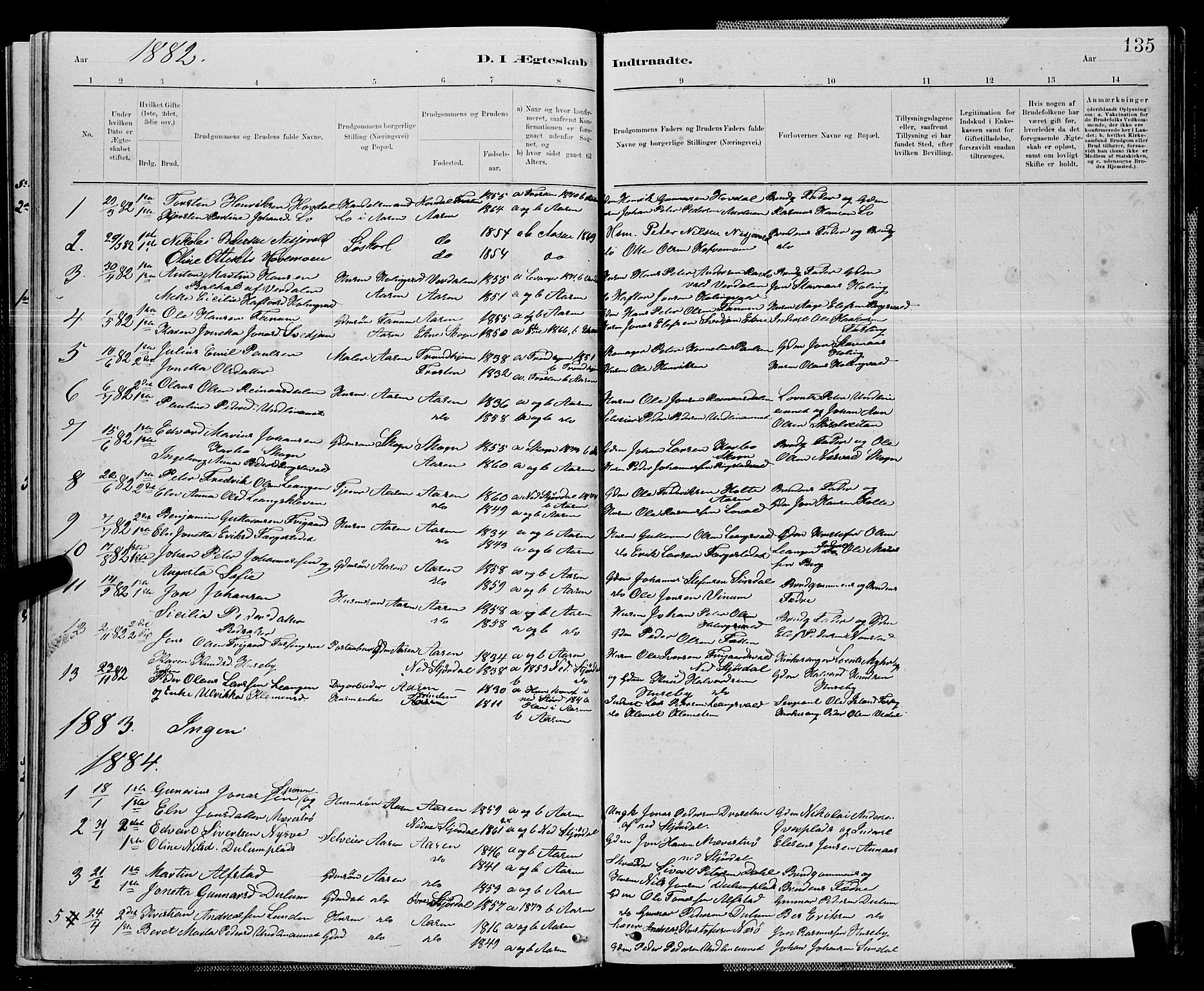 Ministerialprotokoller, klokkerbøker og fødselsregistre - Nord-Trøndelag, AV/SAT-A-1458/714/L0134: Parish register (copy) no. 714C03, 1878-1898, p. 135