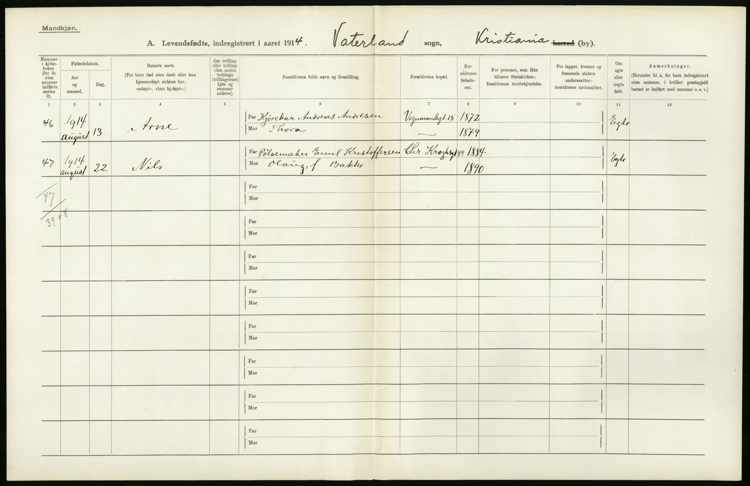 Statistisk sentralbyrå, Sosiodemografiske emner, Befolkning, RA/S-2228/D/Df/Dfb/Dfbd/L0005: Kristiania: Levendefødte menn og kvinner., 1914, p. 420