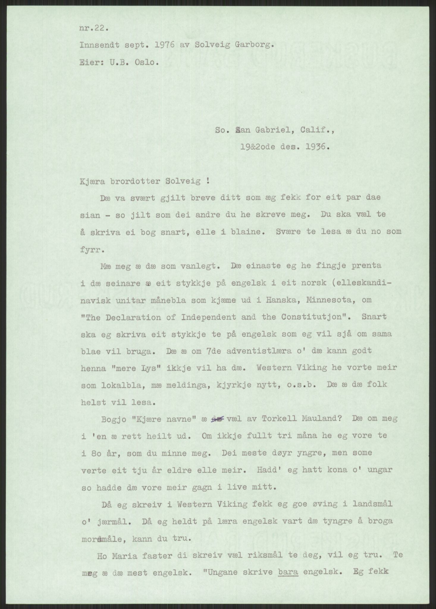 Samlinger til kildeutgivelse, Amerikabrevene, AV/RA-EA-4057/F/L0001: Innlån av ukjent proveniens. Innlån fra Østfold. Innlån fra Oslo: Bratvold - Garborgbrevene II, 1838-1914, p. 539