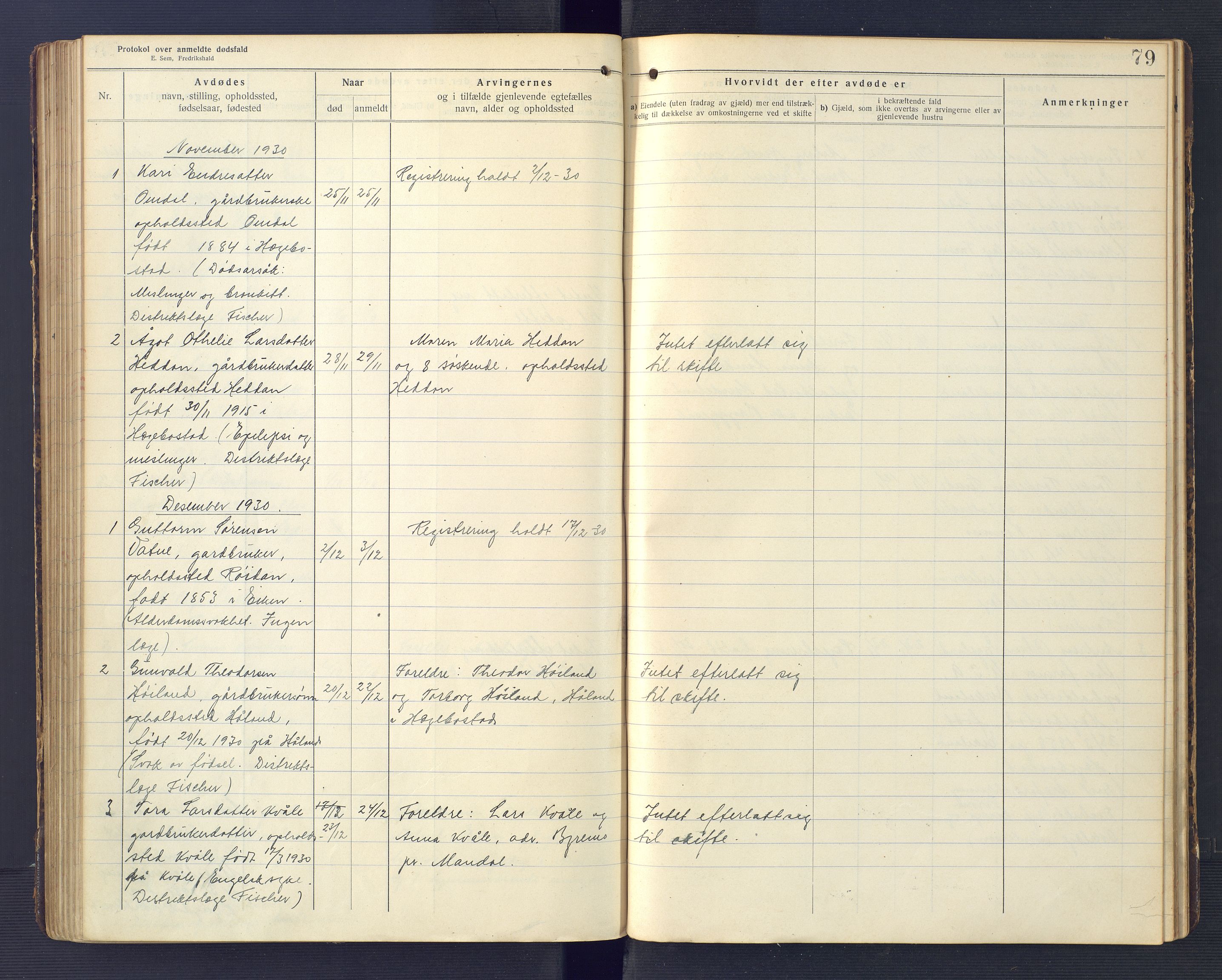 Hægebostad og Eiken lensmannskontor, AV/SAK-1241-0023/F/Fe/L0002: Dødsfallsprotokoll nr 34, 1917-1932, p. 79