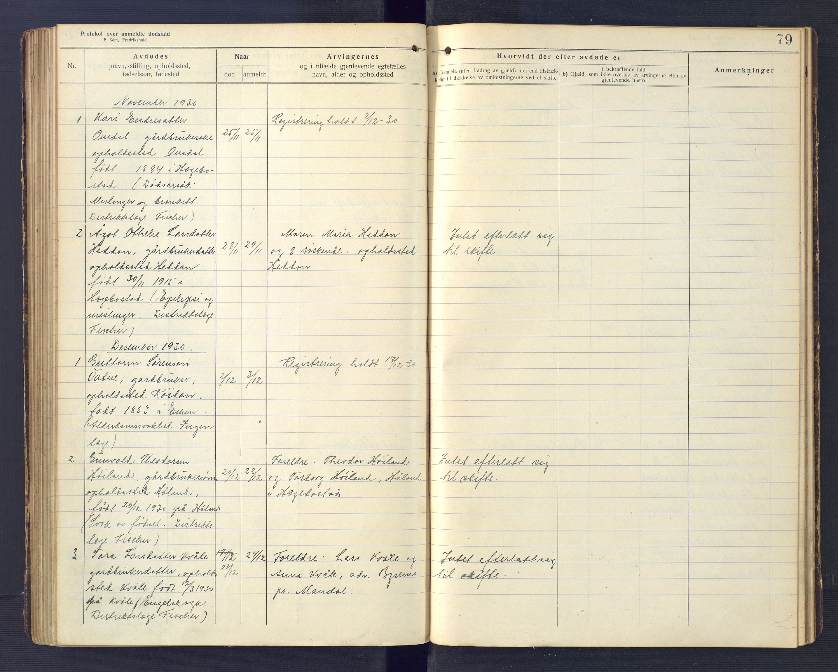 Hægebostad og Eiken lensmannskontor, SAK/1241-0023/F/Fe/L0002: Dødsfallsprotokoll nr 34, 1917-1932, p. 79