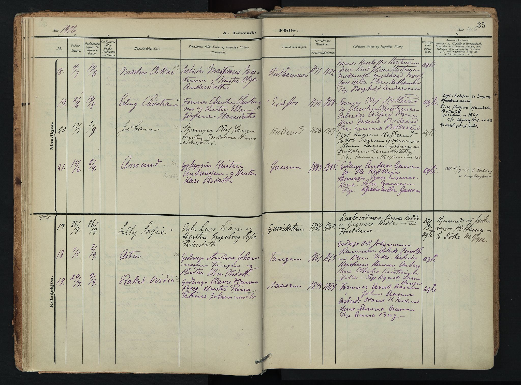 Hof kirkebøker, SAKO/A-64/F/Fa/L0008: Parish register (official) no. I 8, 1902-1921, p. 35