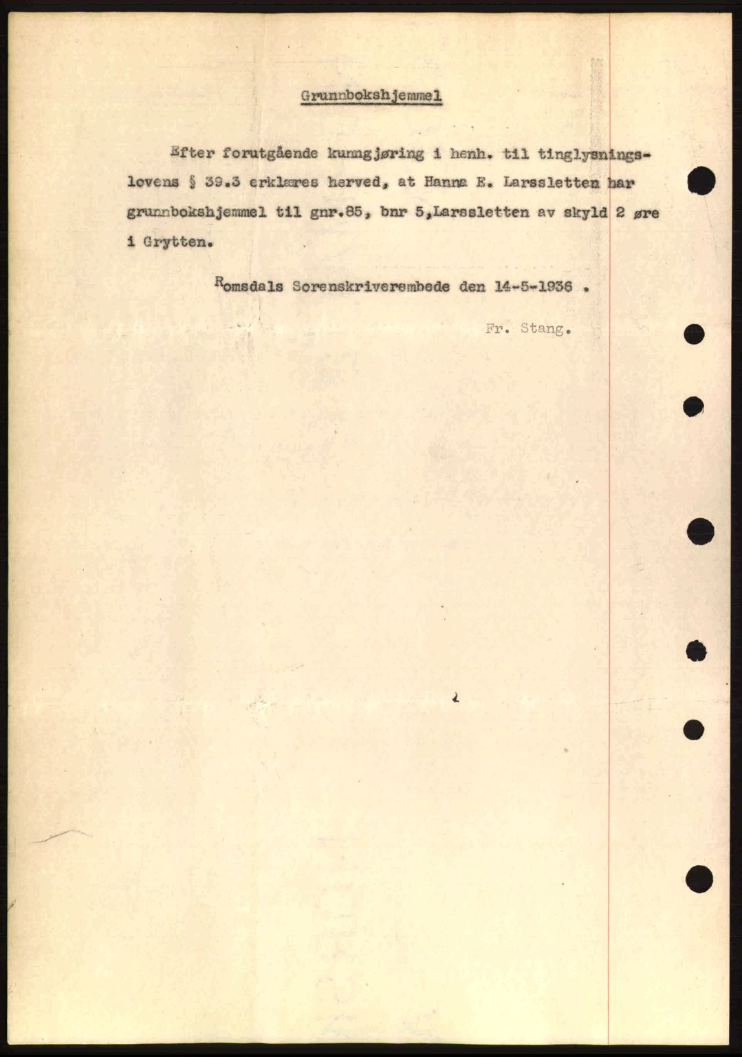 Romsdal sorenskriveri, AV/SAT-A-4149/1/2/2C: Mortgage book no. A1, 1936-1936, Diary no: : 1115/1936