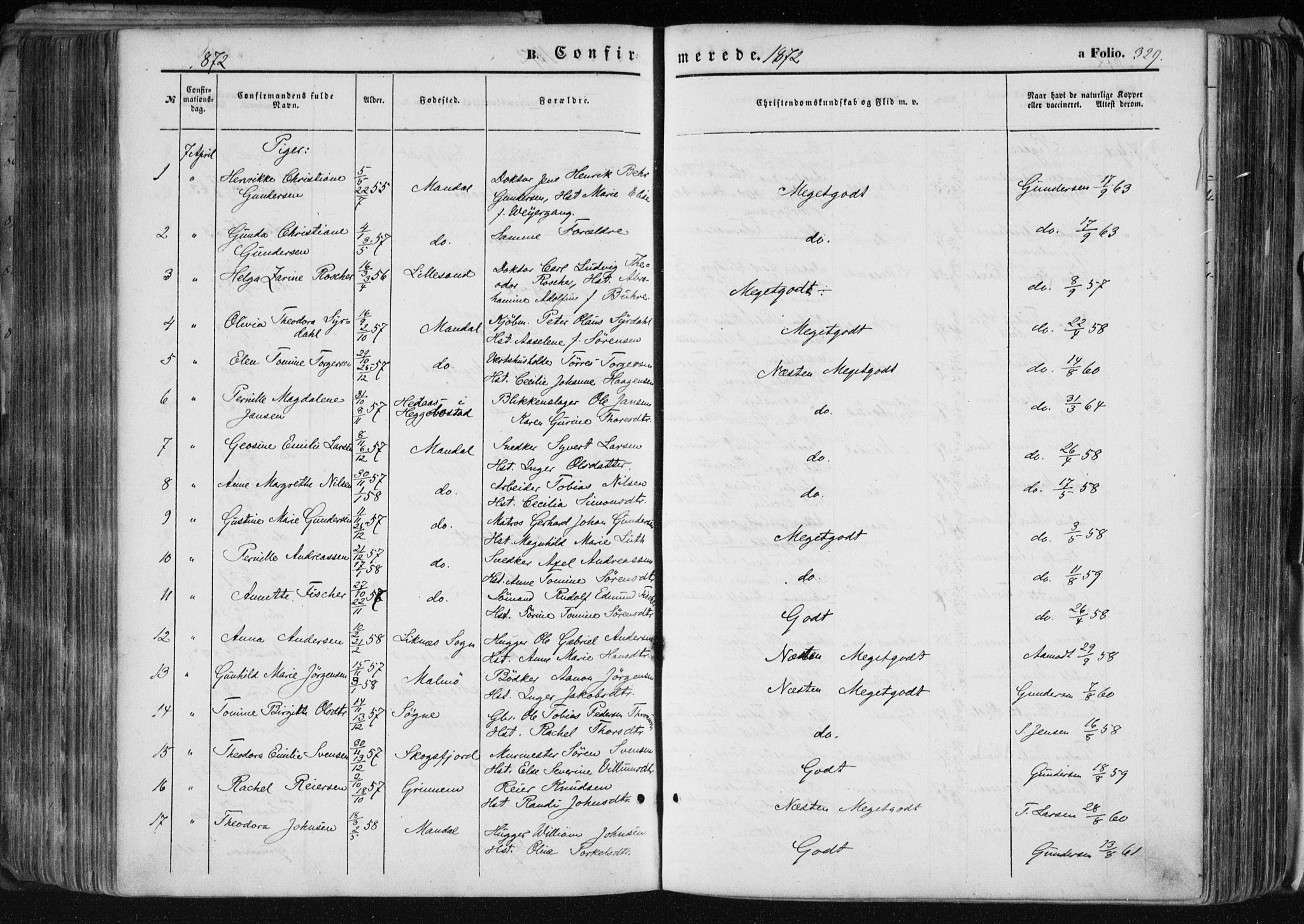 Mandal sokneprestkontor, AV/SAK-1111-0030/F/Fa/Faa/L0014: Parish register (official) no. A 14, 1859-1872, p. 329