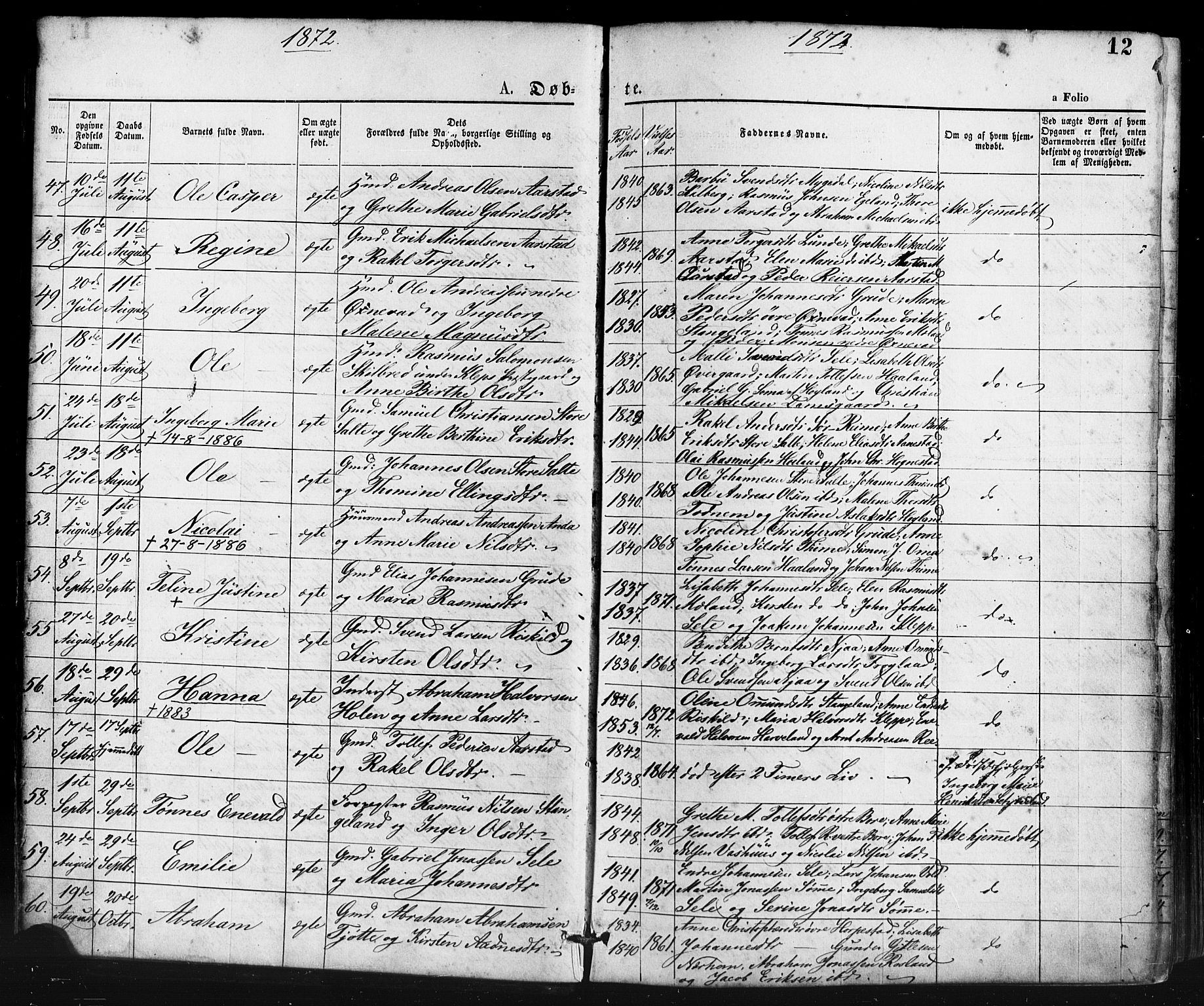 Klepp sokneprestkontor, AV/SAST-A-101803/001/3/30BA/L0006: Parish register (official) no. A 6, 1871-1885, p. 12