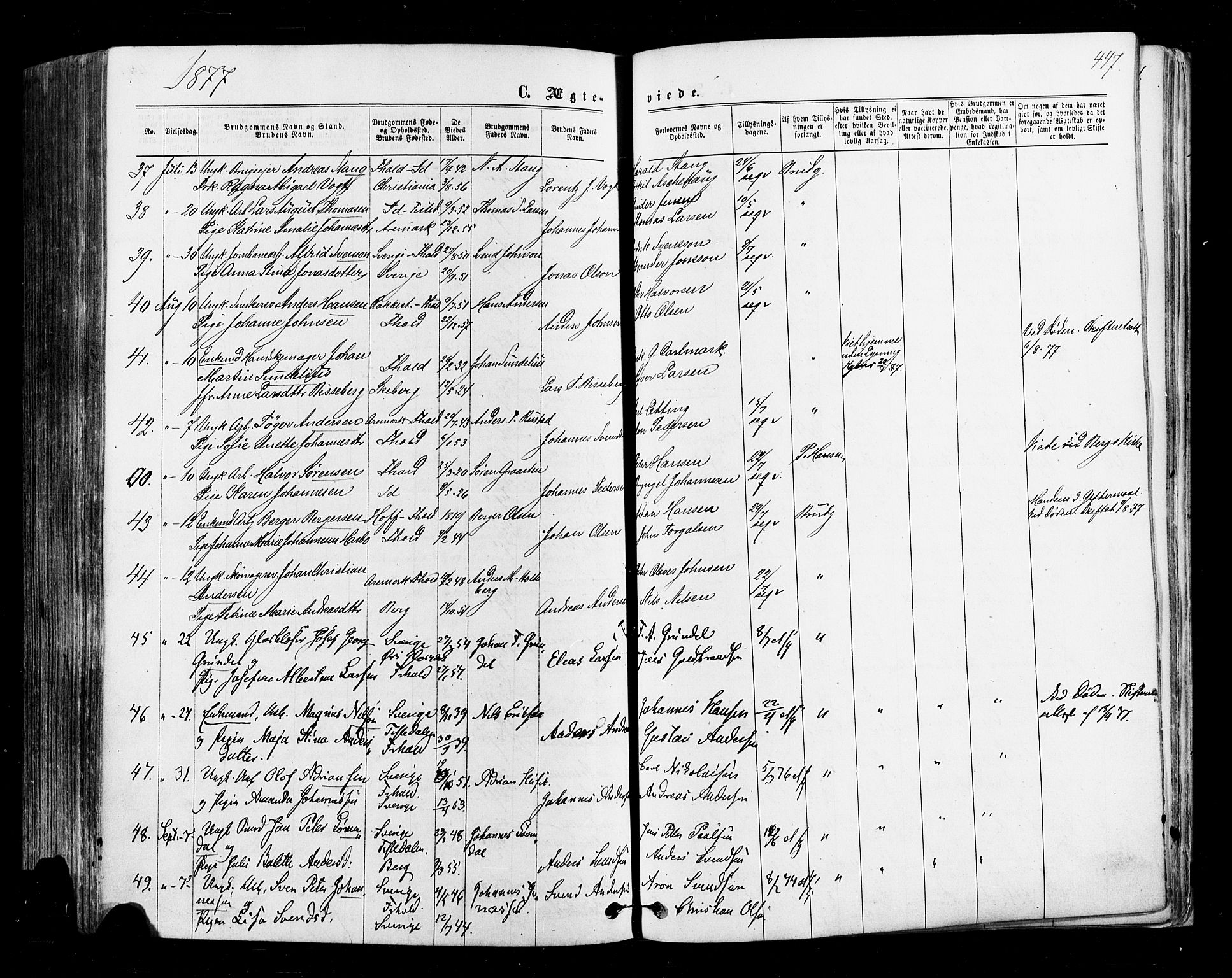 Halden prestekontor Kirkebøker, SAO/A-10909/F/Fa/L0009: Parish register (official) no. I 9, 1866-1877, p. 447