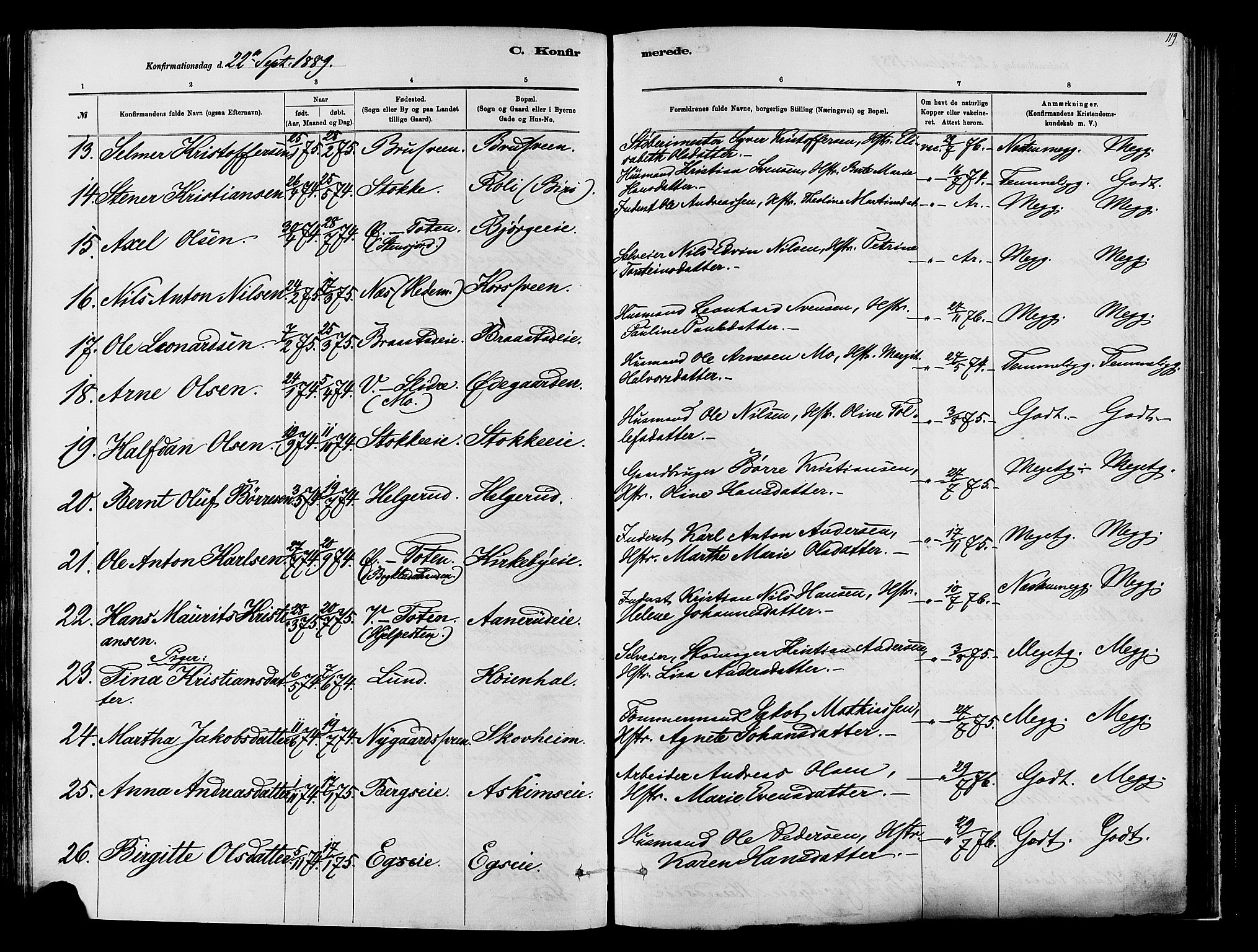 Vardal prestekontor, SAH/PREST-100/H/Ha/Haa/L0009: Parish register (official) no. 9, 1878-1892, p. 119