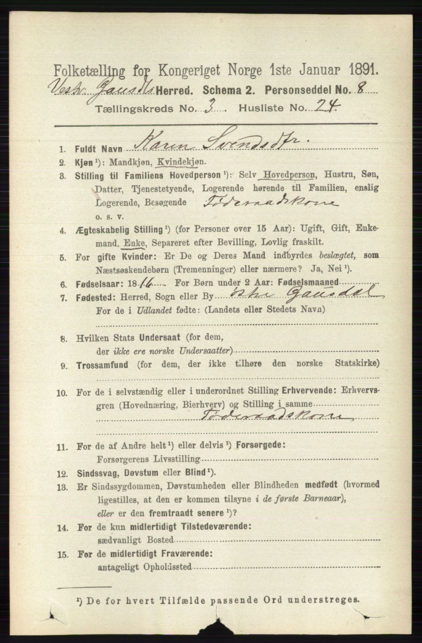 RA, 1891 census for 0523 Vestre Gausdal, 1891, p. 1406